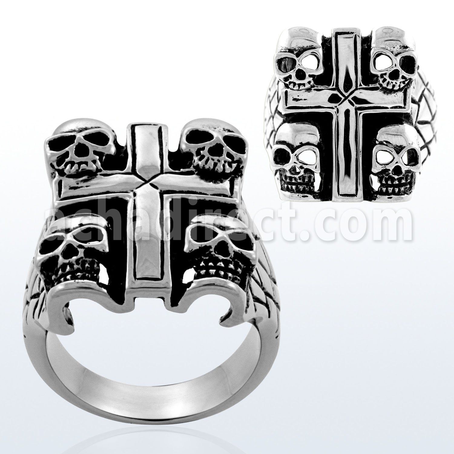 sr266 high polished steel ring with skulls on cross corners
