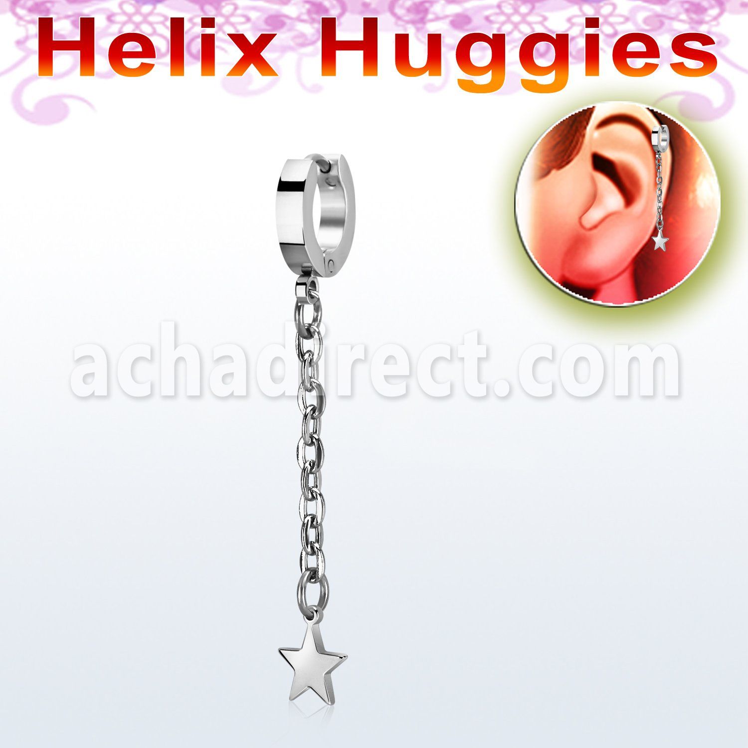stainless steel helix huggie earring w a star on chain