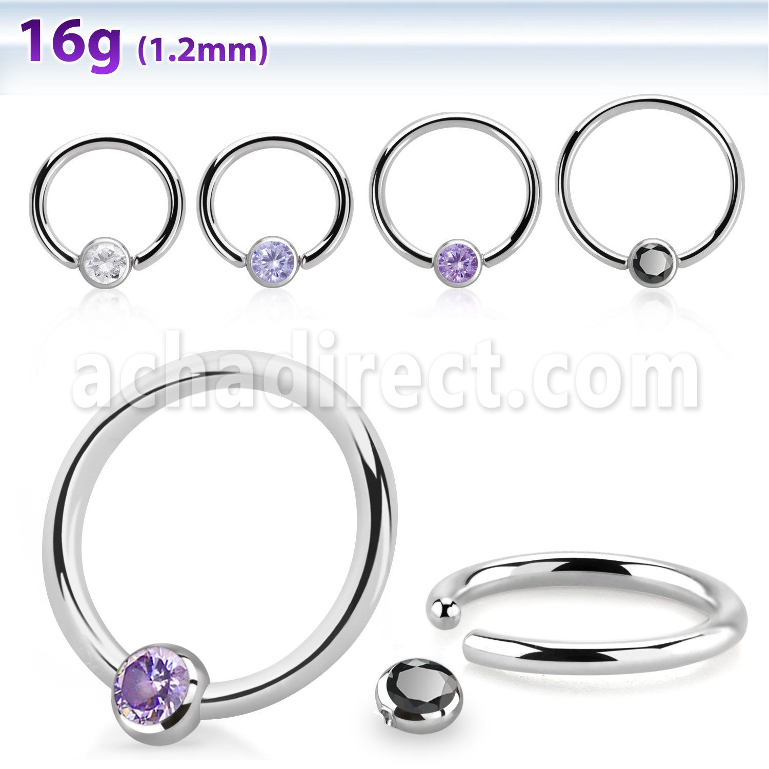 steel ball closure ring, 16g w 3mm bezel cz closure