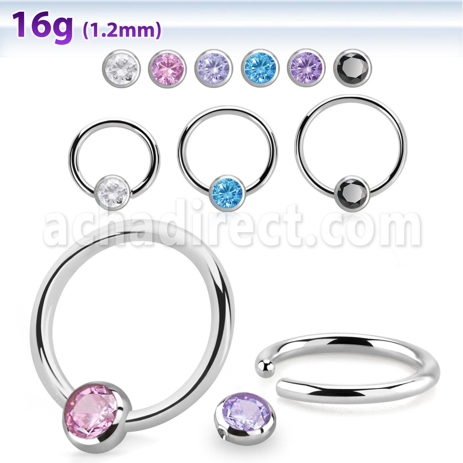 steel ball closure ring, 16g w 4mm bezel cz closure