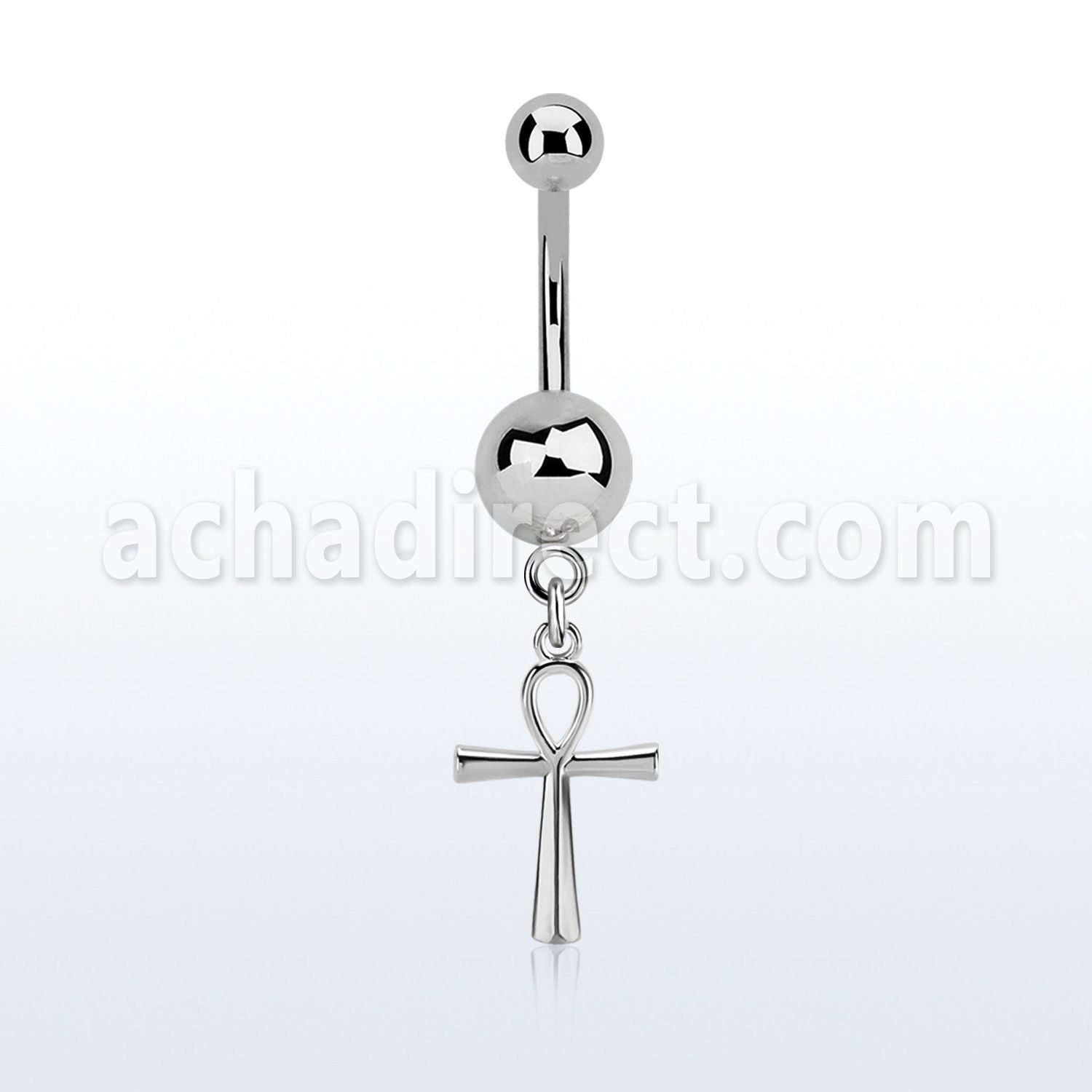 steel belly banana 14g w a dangling ankh cross 