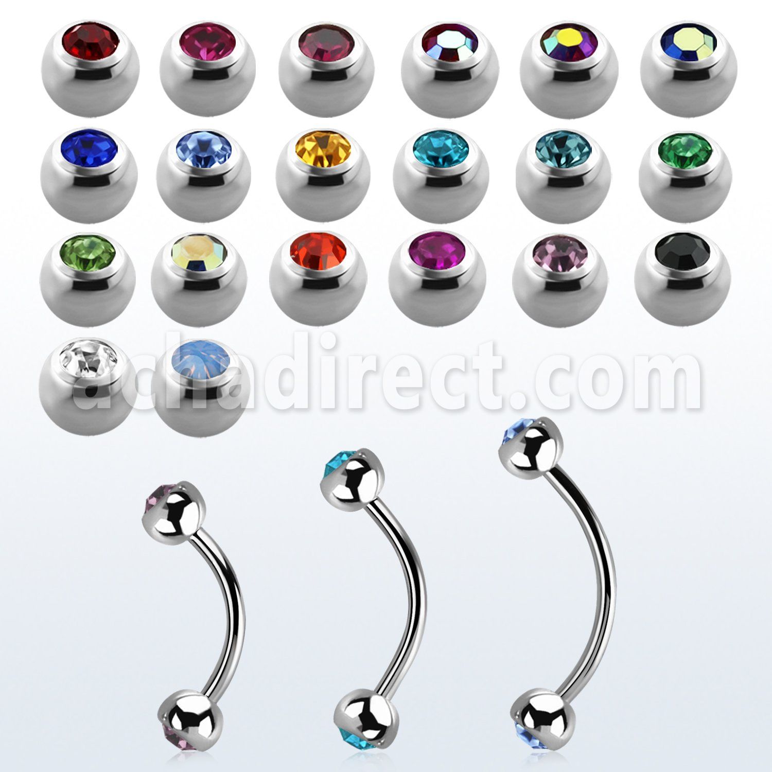 steel eyebrow banana 0.8mm w 3mm bezel set jewel balls