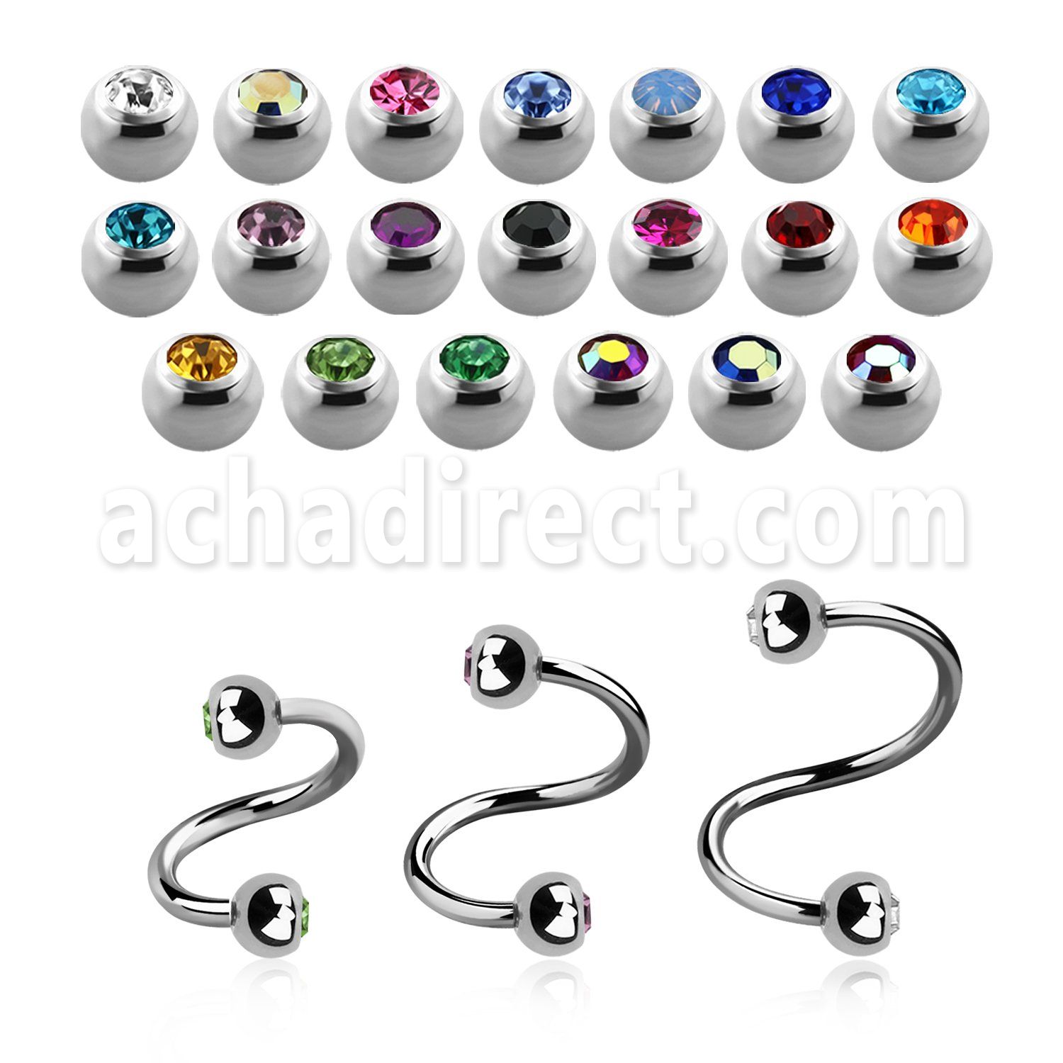 steel eyebrow spiral 1mm w 3mm bezel set jewel balls