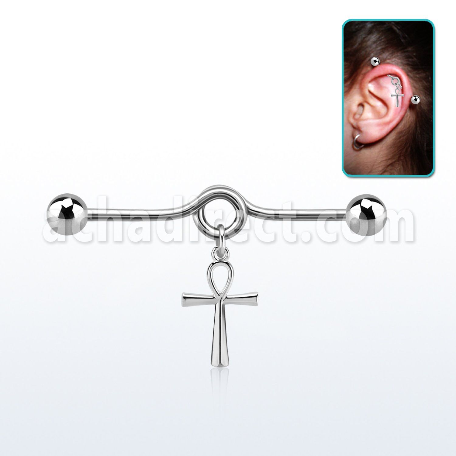 steel industrial loop barbell w dangling ankh cross 