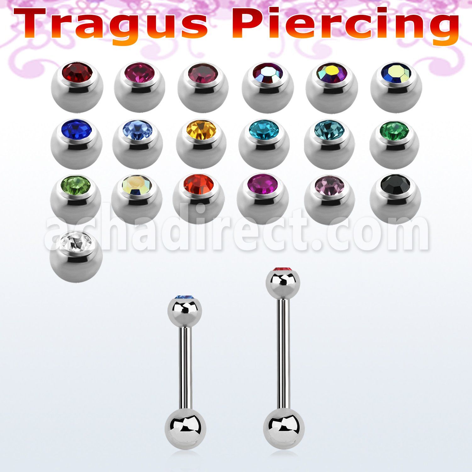 steel tragus barbell 1.2mm w 2.5mm bezel set jewel ball