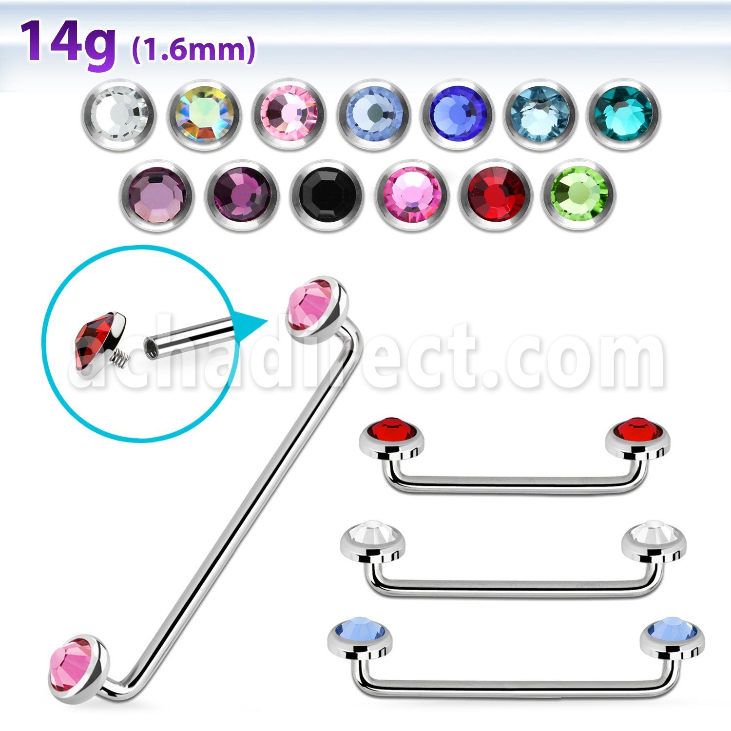 sudijf5 internal steel surface barbell w 2 5mm flat crystal top