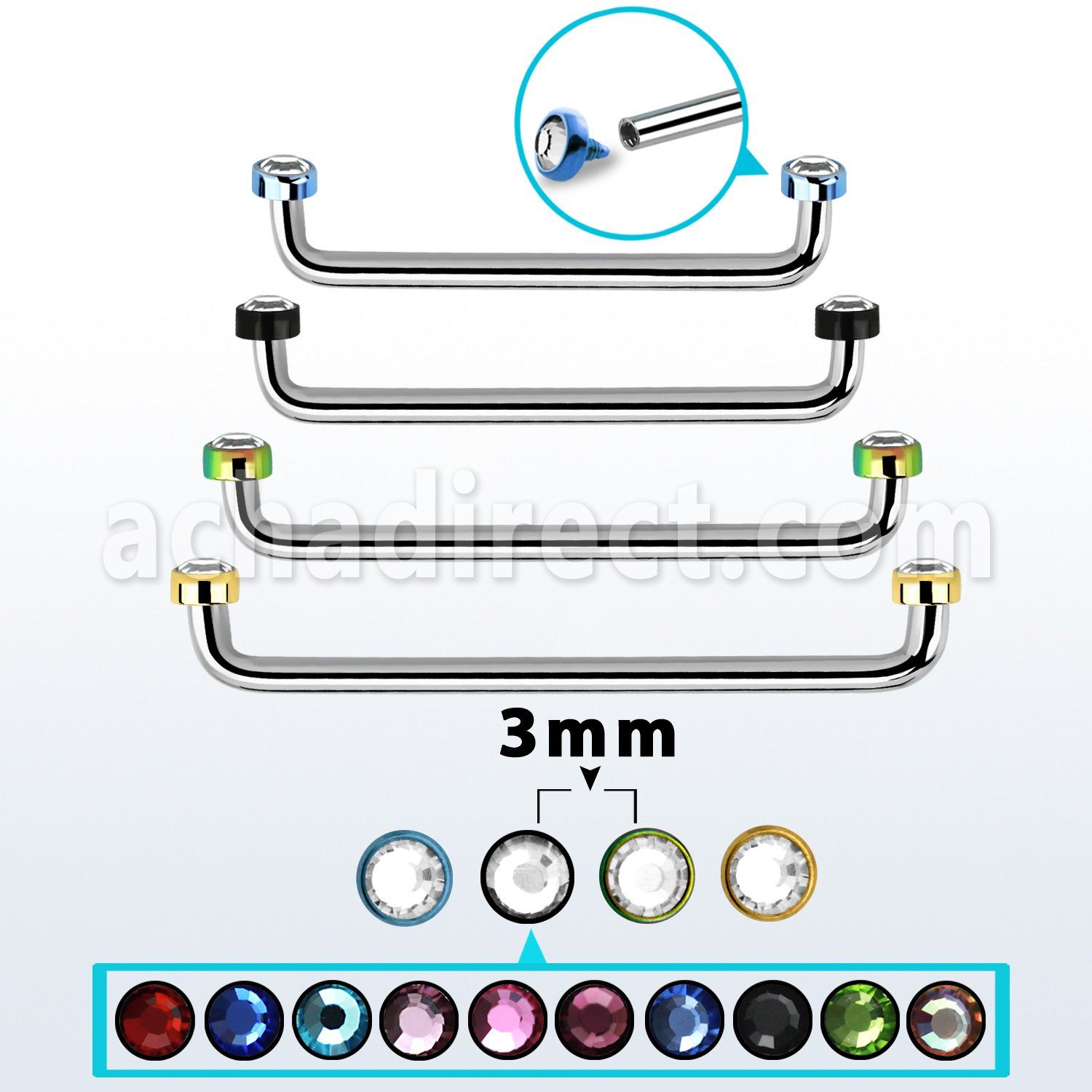 suditjf3 internal steel surface barbell w 2 3mm crystal tops