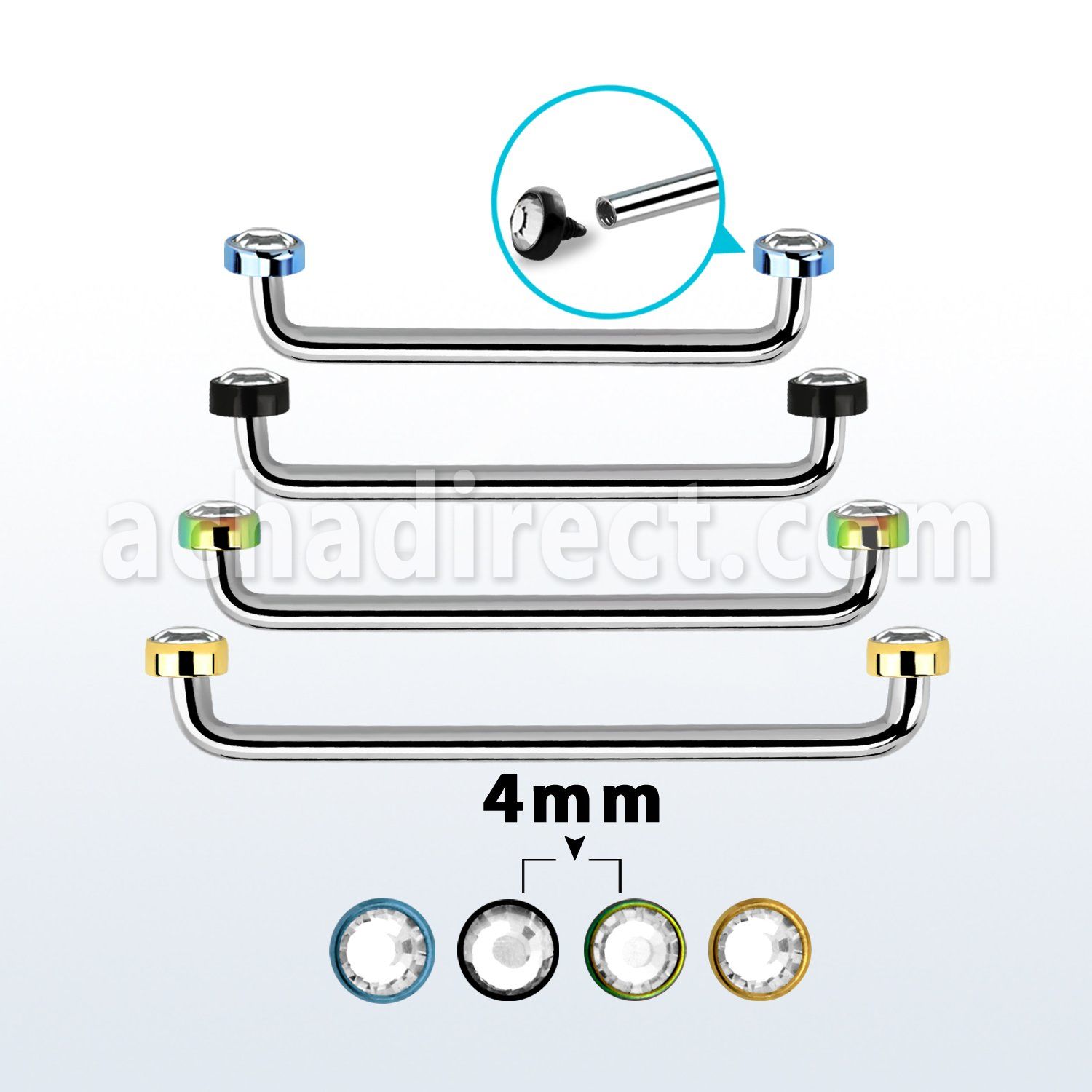 suditjf4 internal steel surface barbell w 2 4mm crystal tops