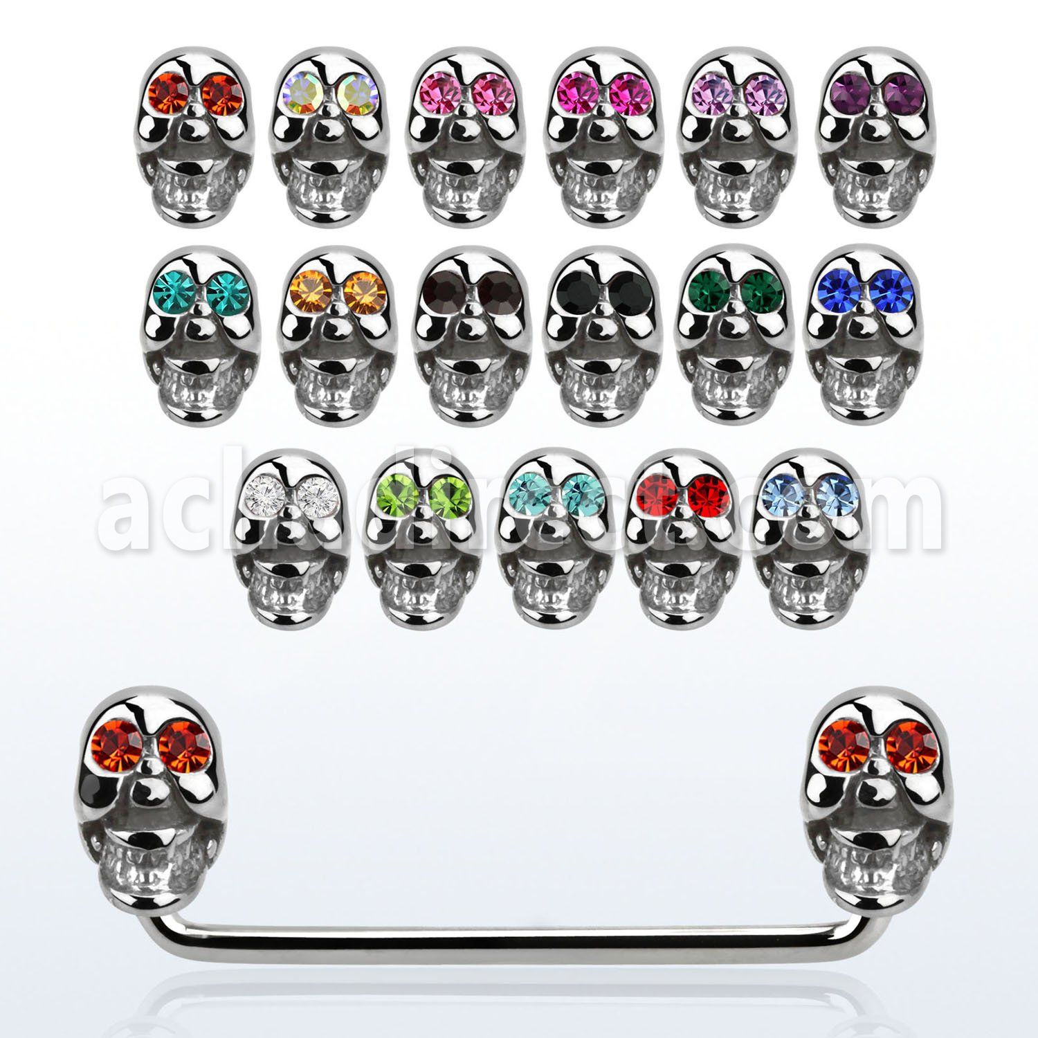 sudsk9c 316l steel 90 surface barbell w crystal steel skulls