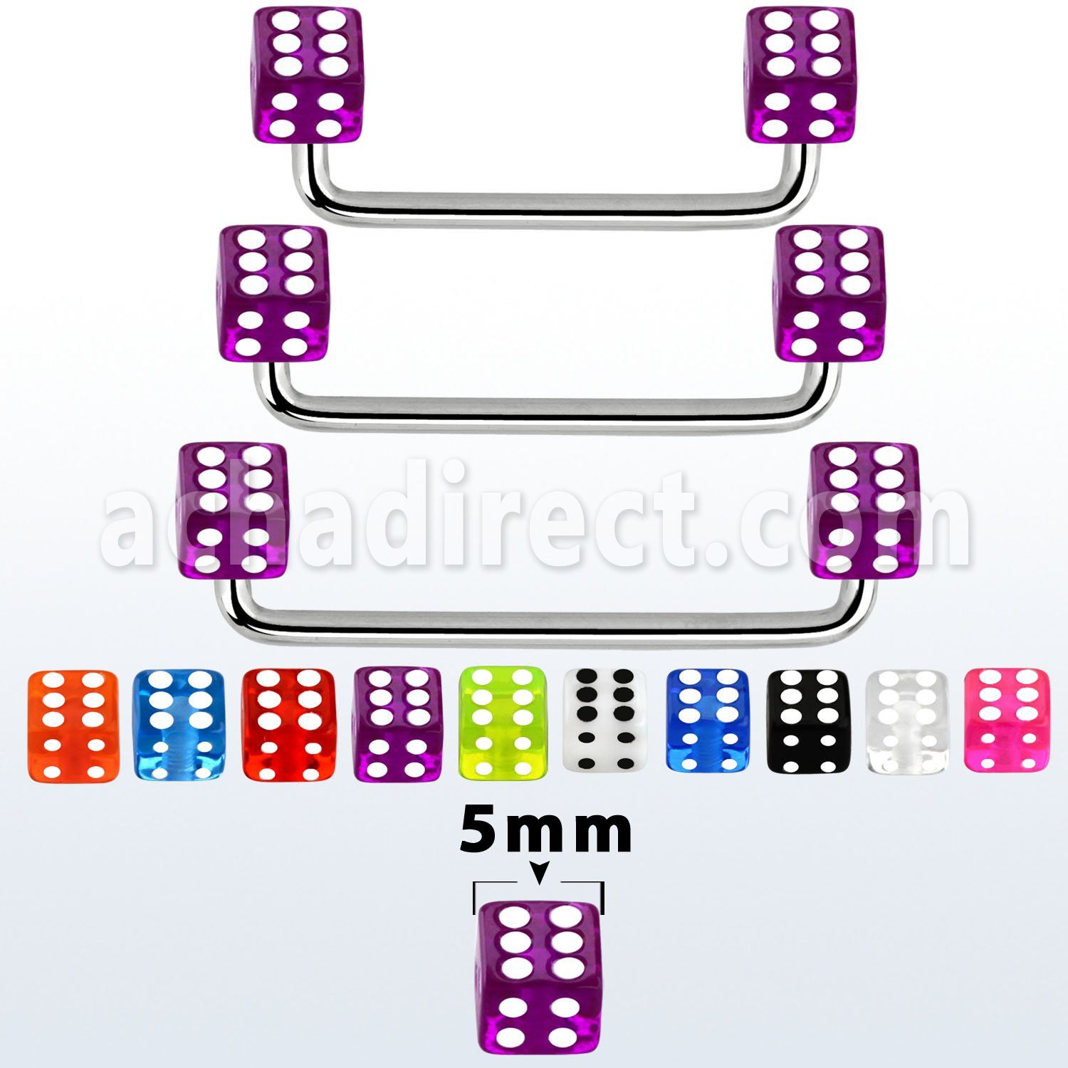 sudvd5 90 316l steel surface barbell w 5mm acrylic uv dices