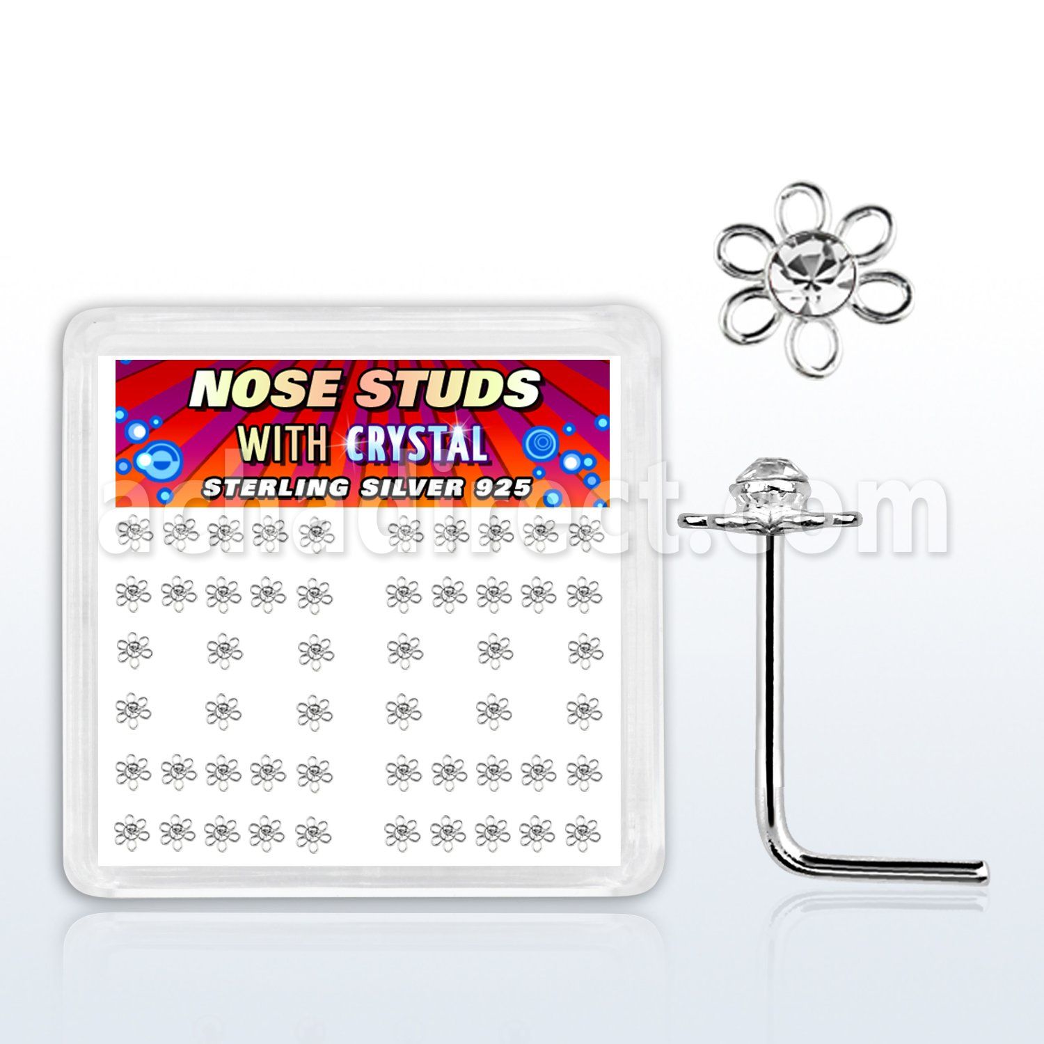 sxfl2c silver nose studs with wire flower top w clear crystals