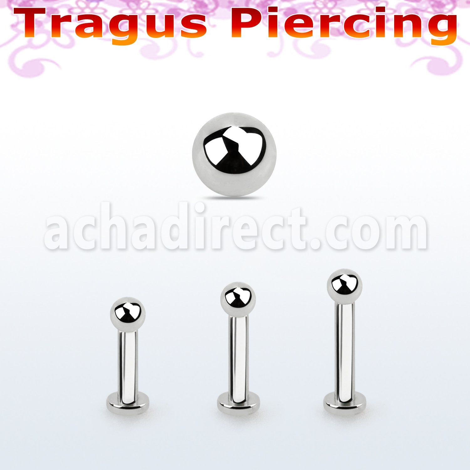 tlbb25 316l steel tragus labret 16g w a 2.5mm ball 