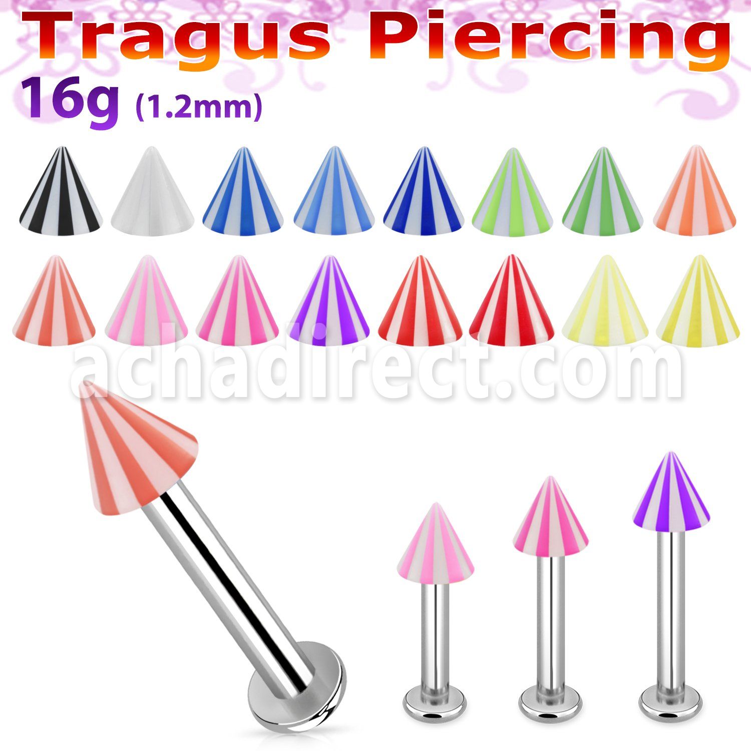 tlbbecn3 316l steel tragus labret 16g w a 3mm uv beach cone 