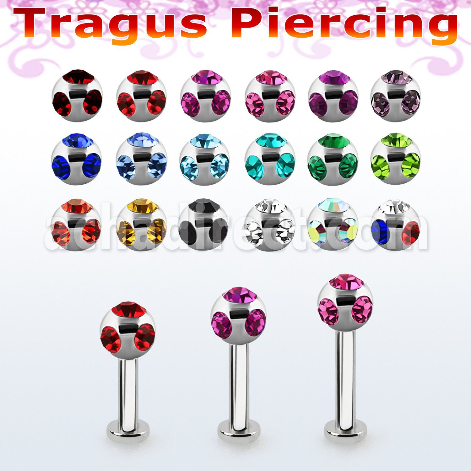tlbca4 316l steel tragus labret 16g w 4mm multi jewel ball 