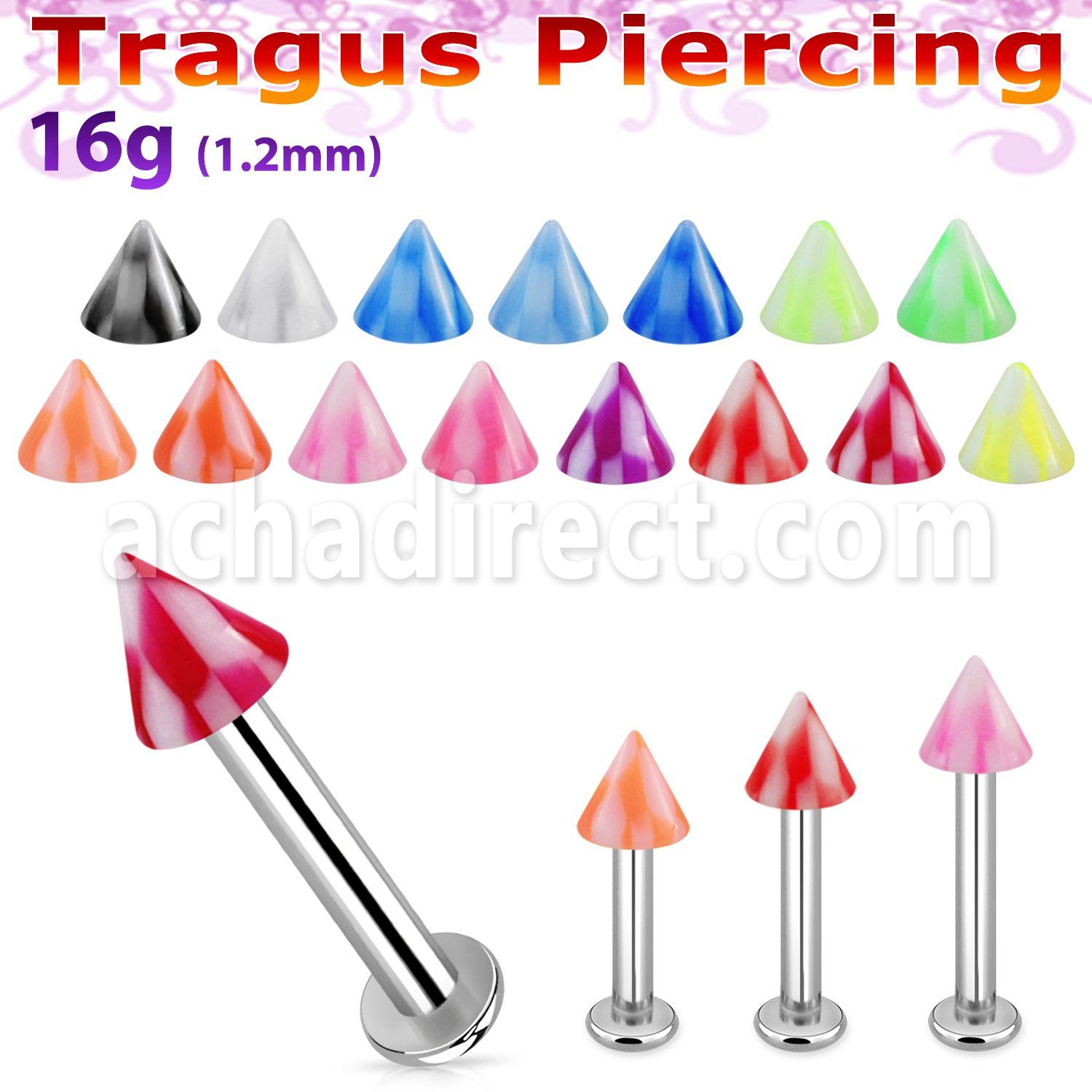 tlbckcn3 316l steel tragus labret 16g w a 3mm uv checkered cone 