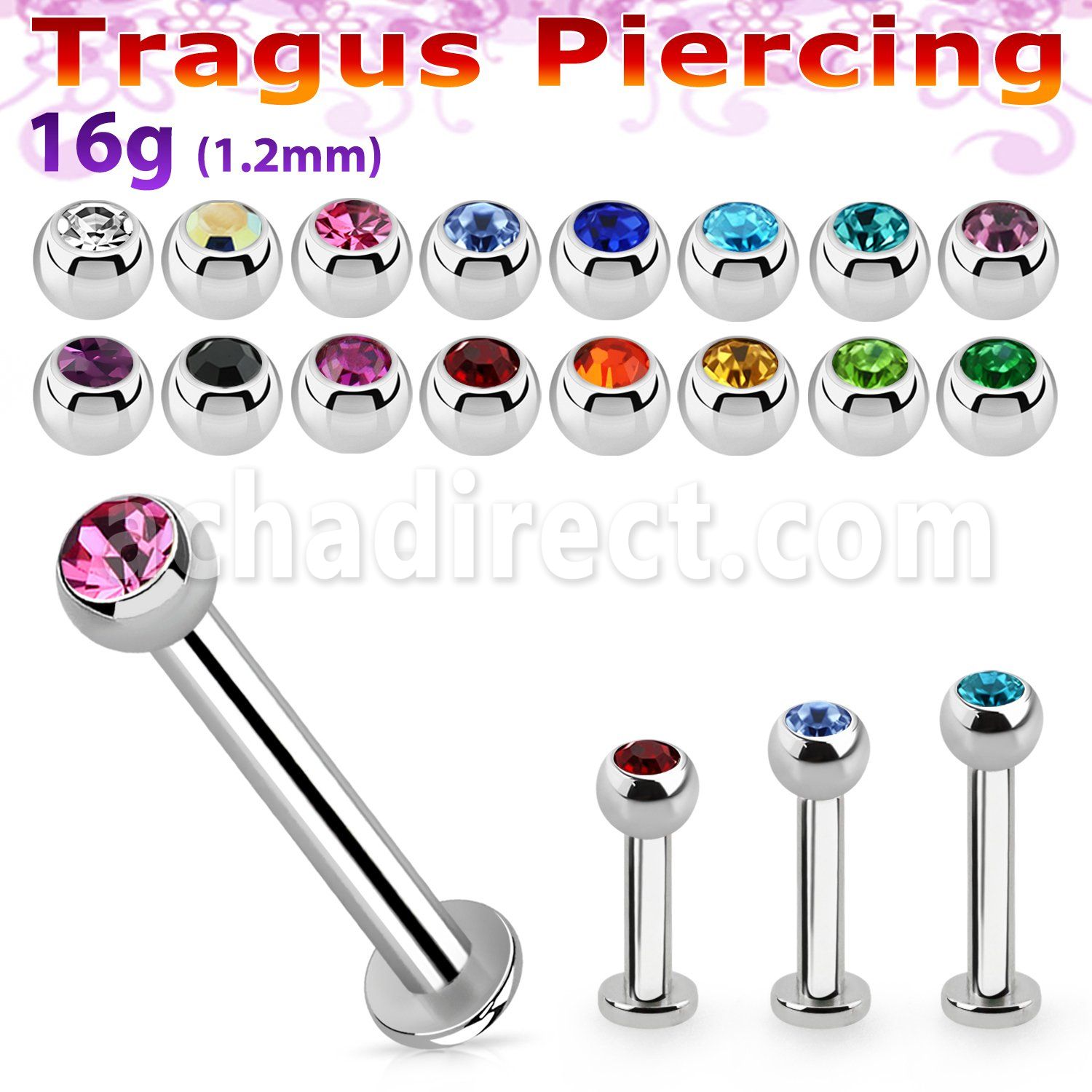 tlbjb25 316l steel tragus labret 16g w 2.5mm jewel ball 
