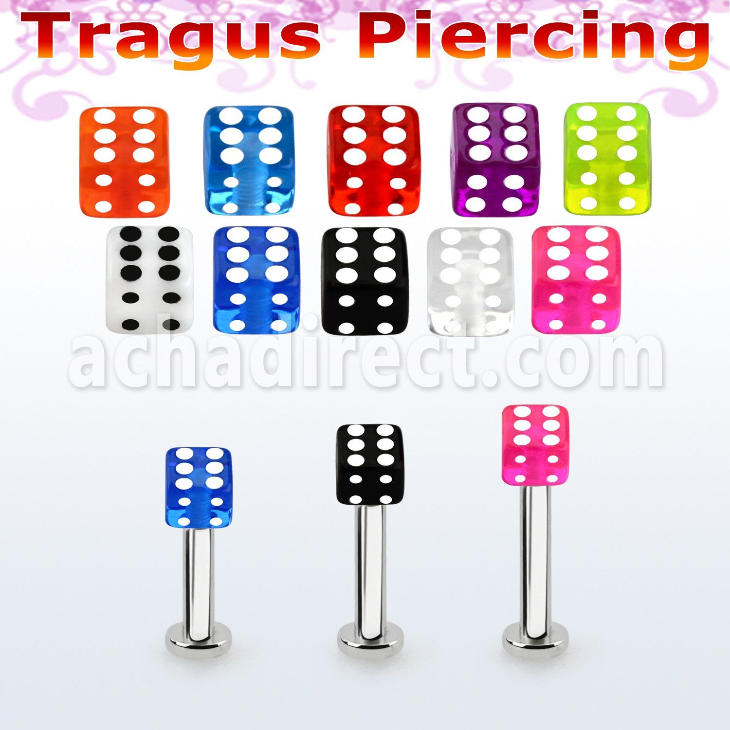 tlbvdi4s 316l steel tragus labret 16g w a 4mm acrylic uv dice 