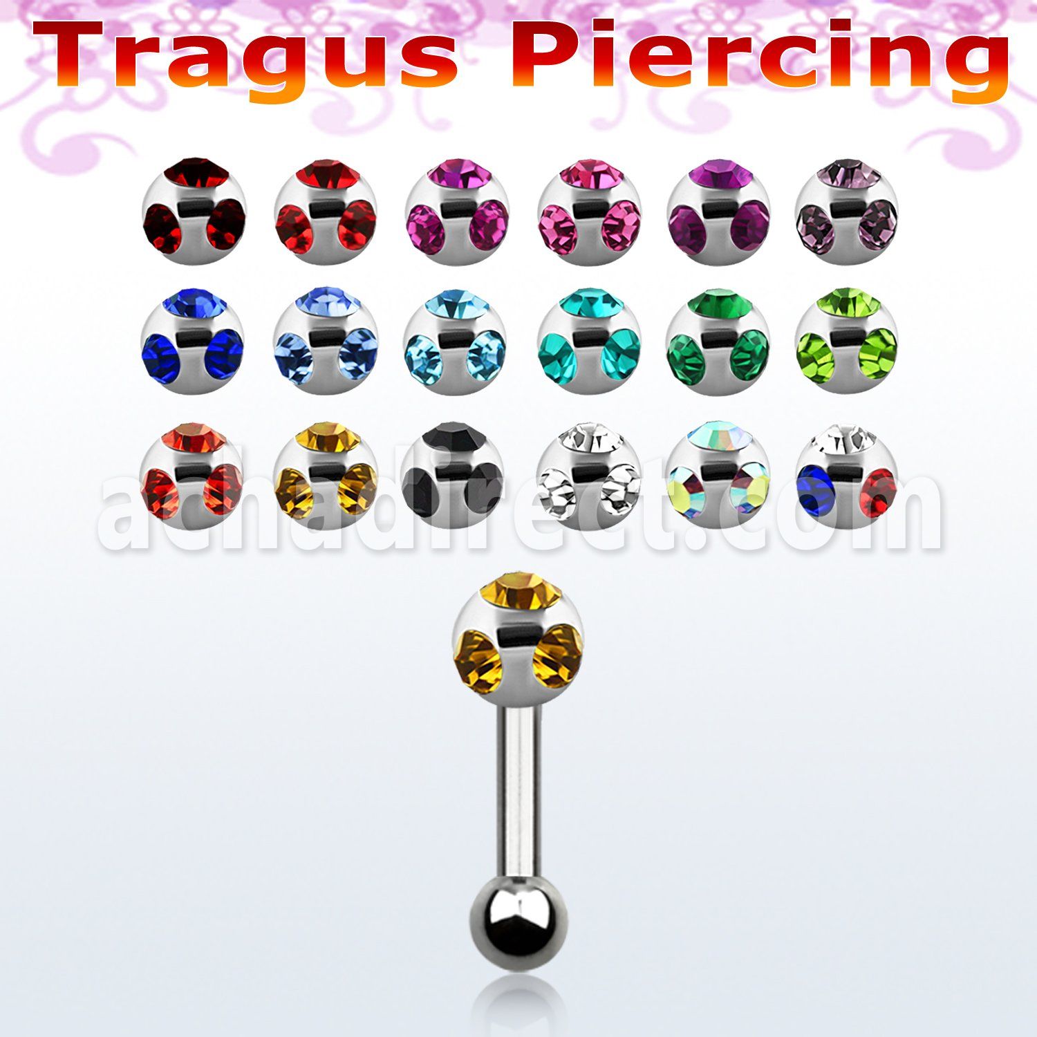 trg10 316l steel tragus piercing w multi jewel ball ball