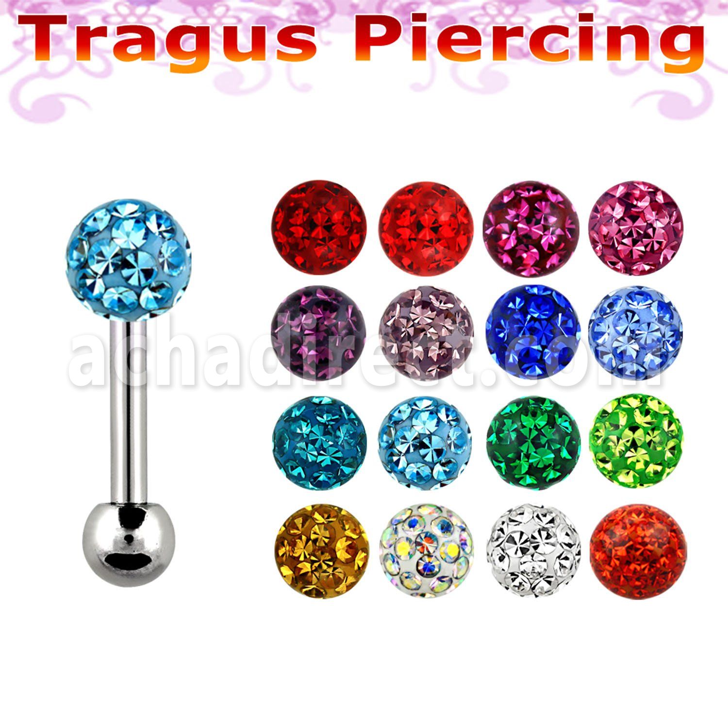 trg8 316l steel tragus piercing w multi crystal ball ball