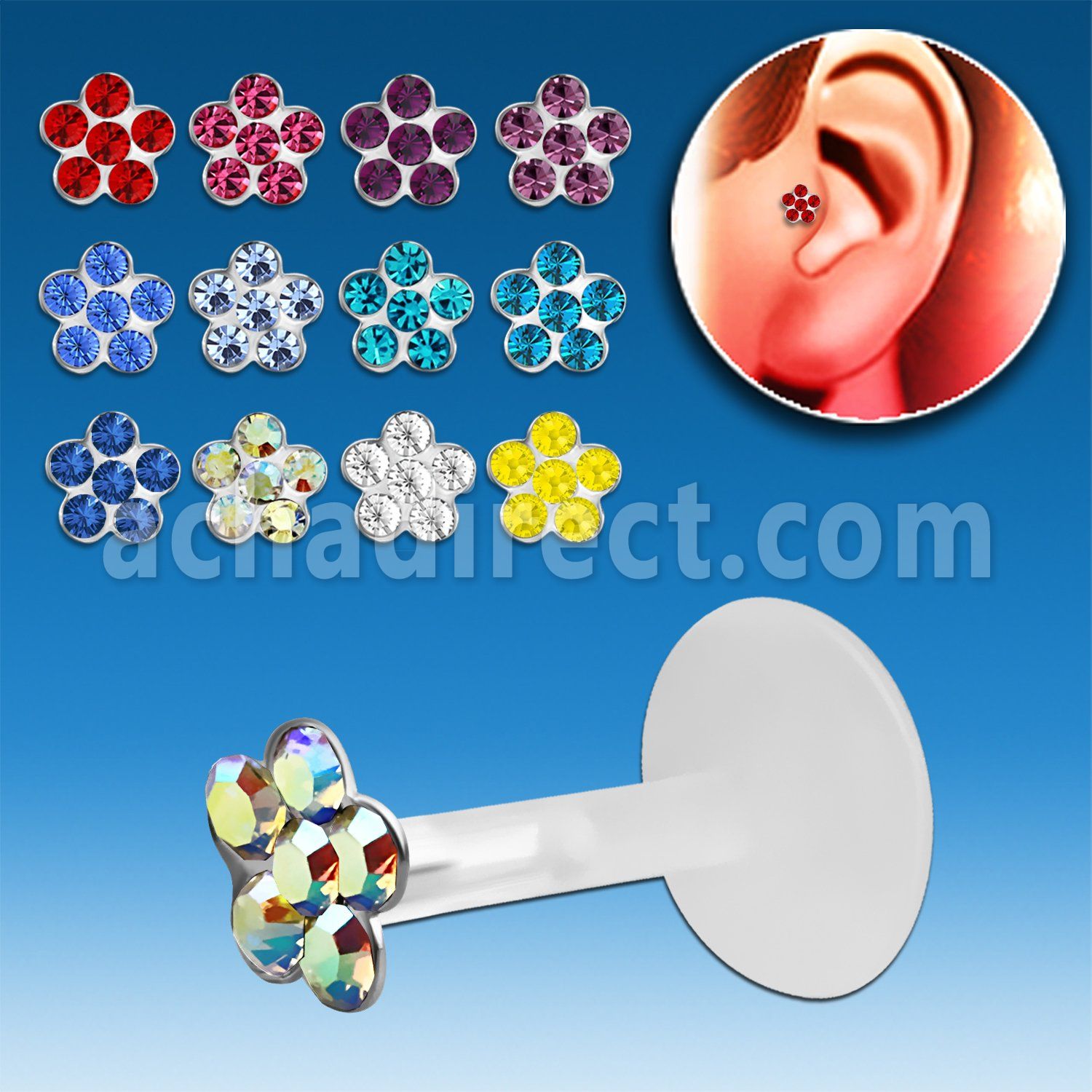 trgs19 bioflex tragus piercing w silver top crystal flower