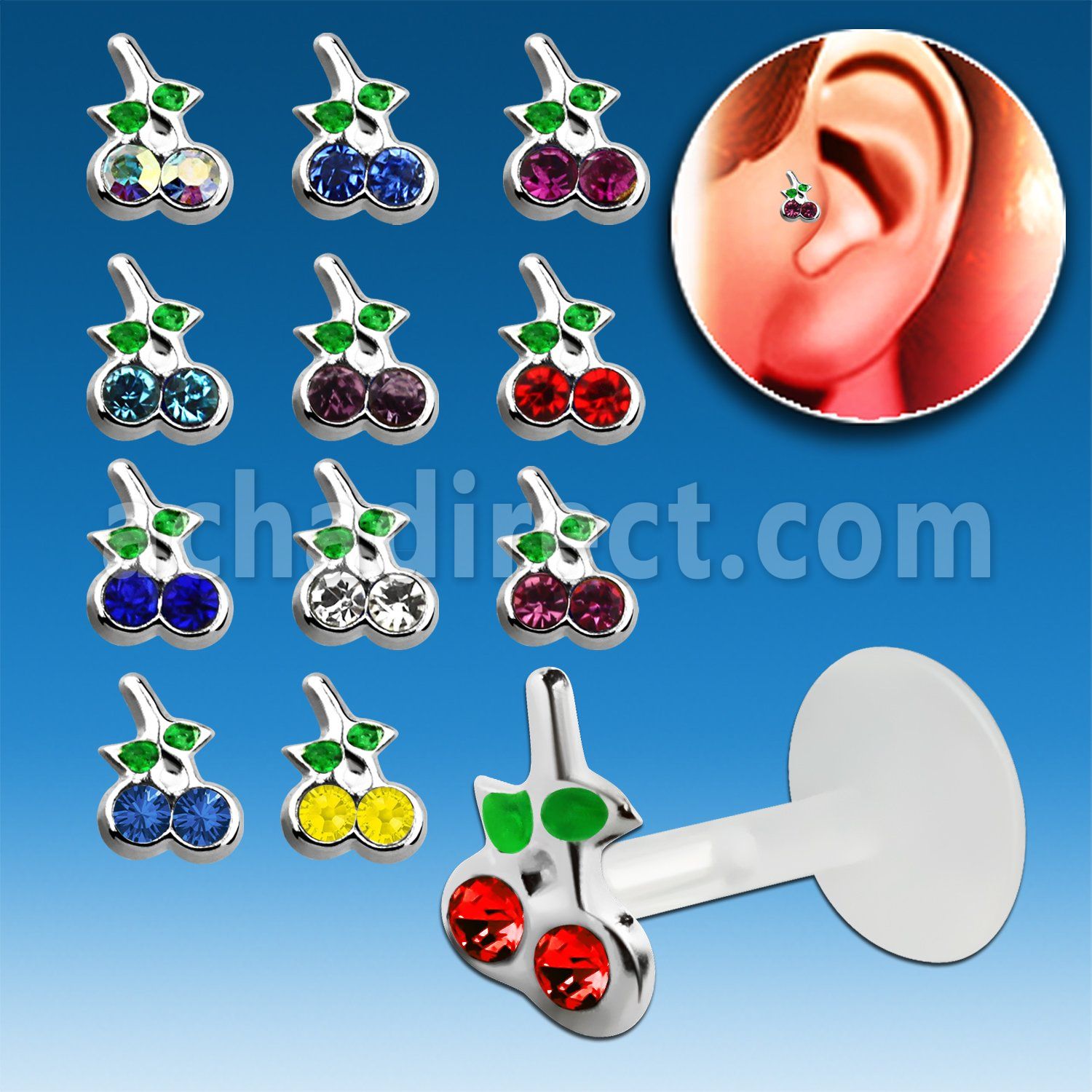 trgs2 bioflex tragus piercing w a silver cherry top w crystals