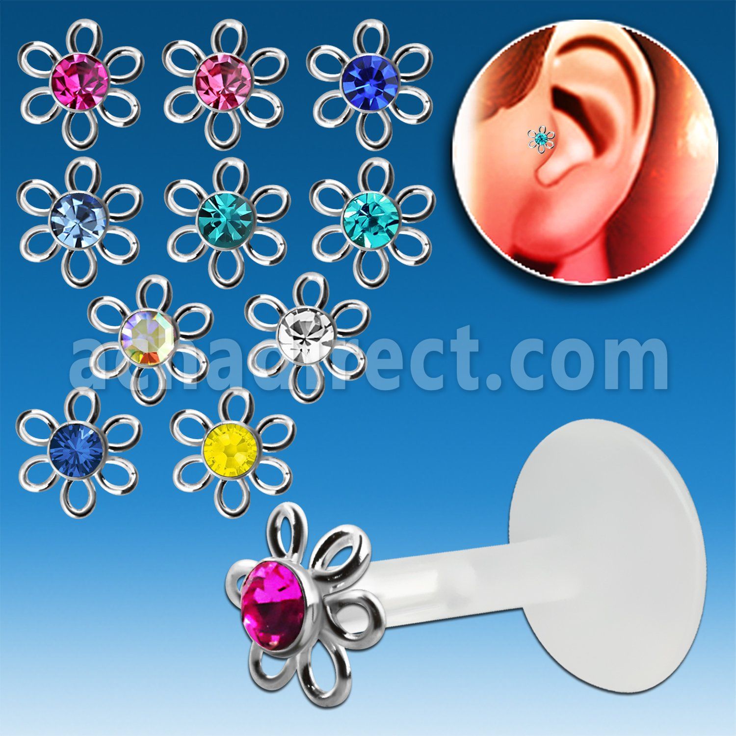 trgs5 bioflex tragus piercing w silver wire flower w crystal