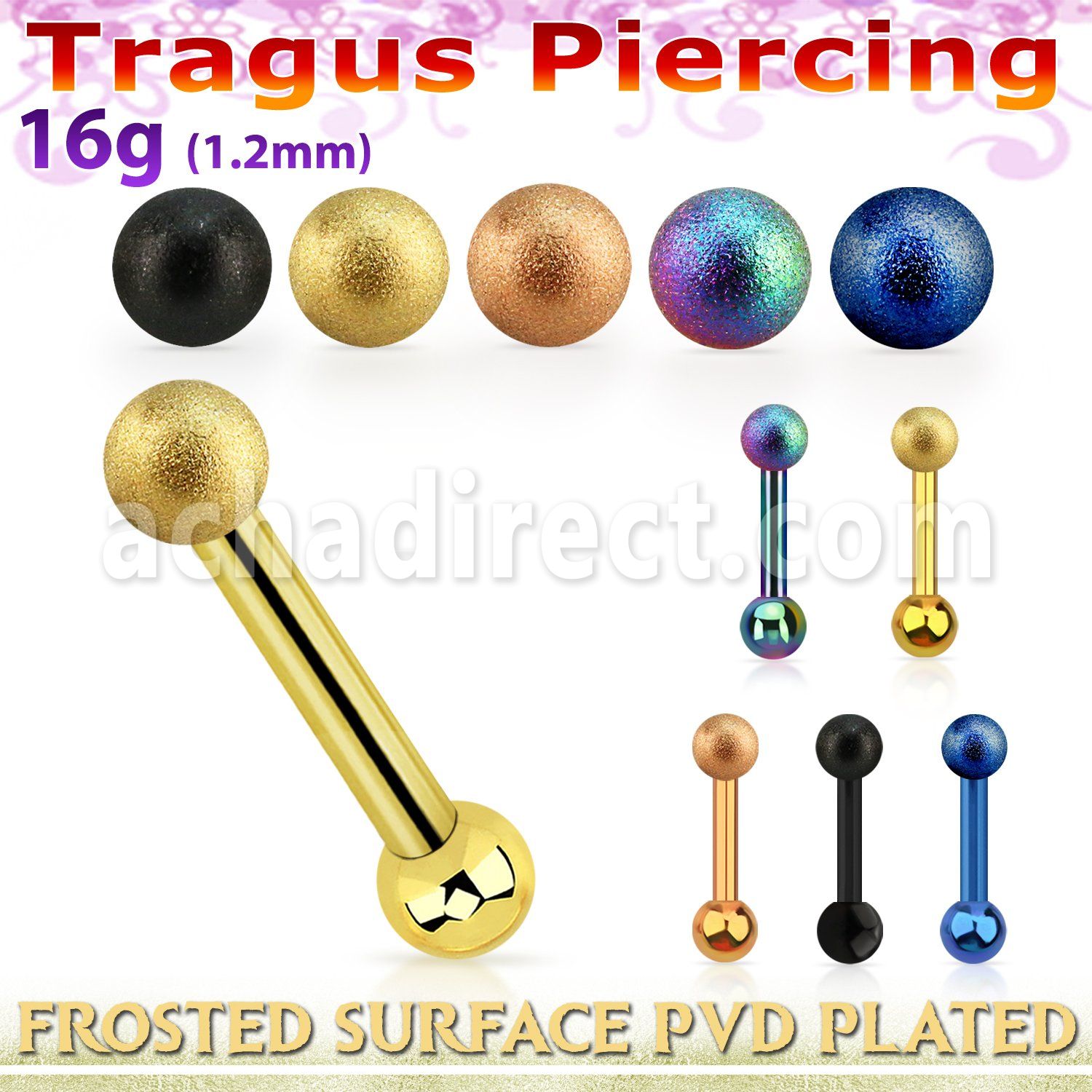 trgt34 pvd plated steel tragus piercing 3mm frosted steel ball