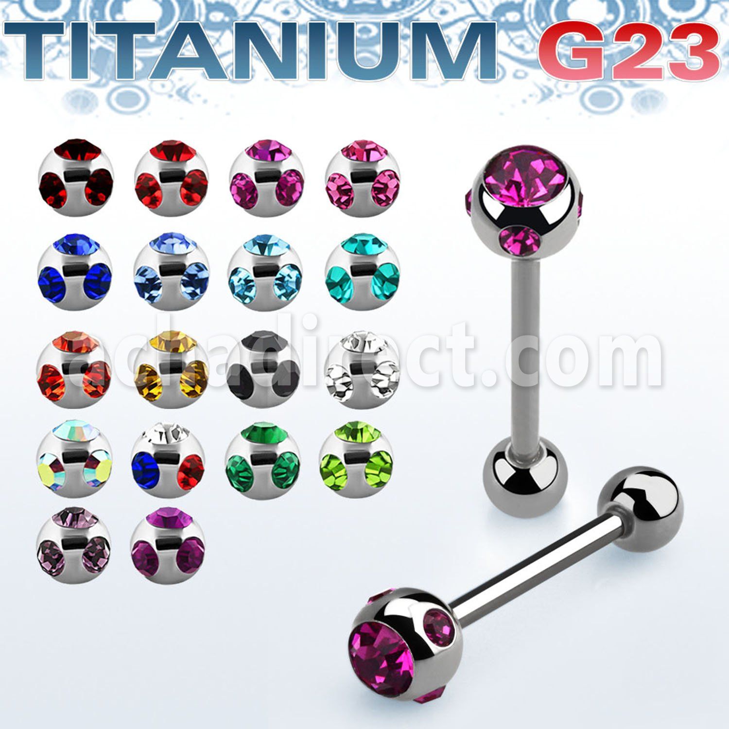 ubbc3 titanium g23 tongue barbell with 6mm multi jewel