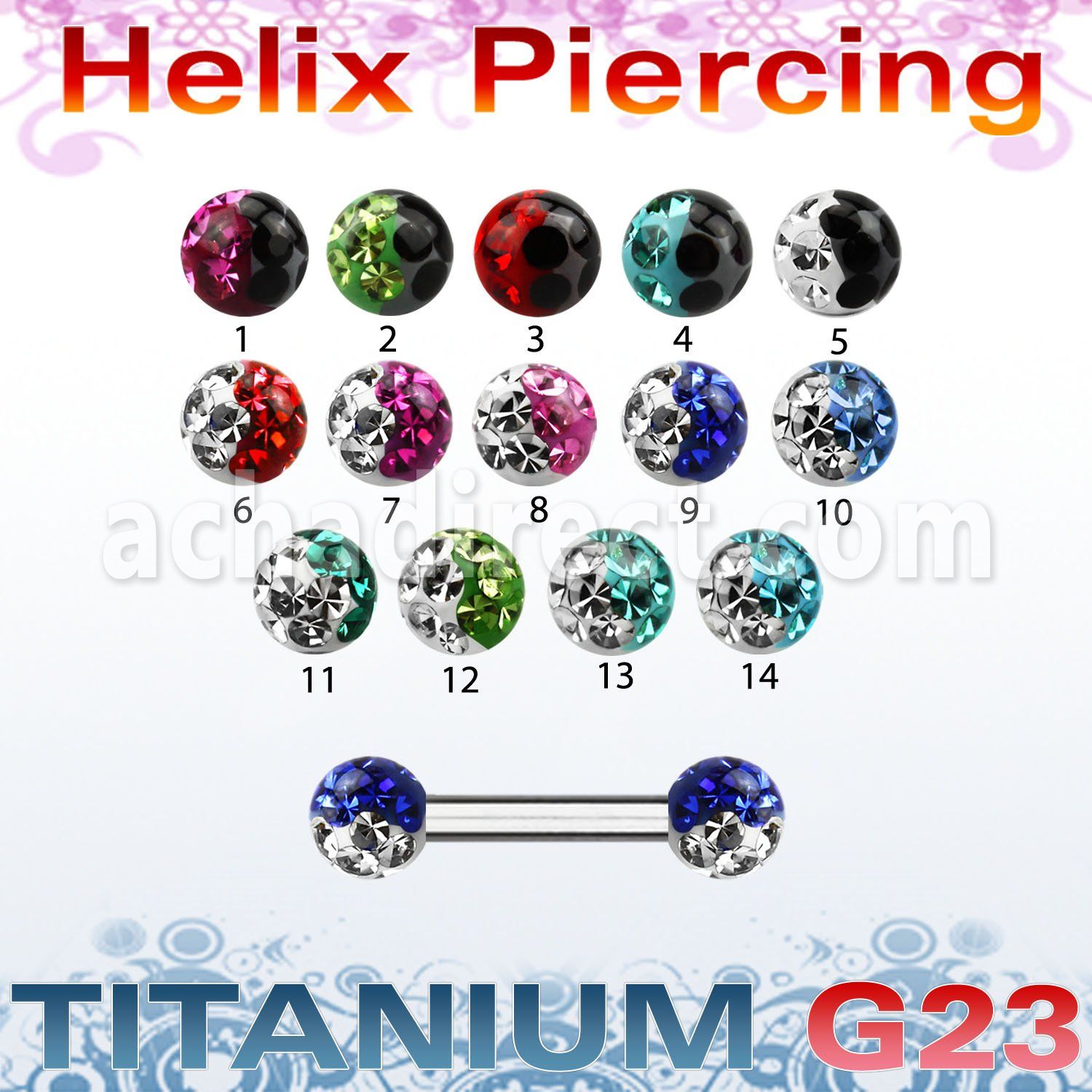 ubber23e titanium g23 helix eyebrow barbell w 3mm 2 color balls
