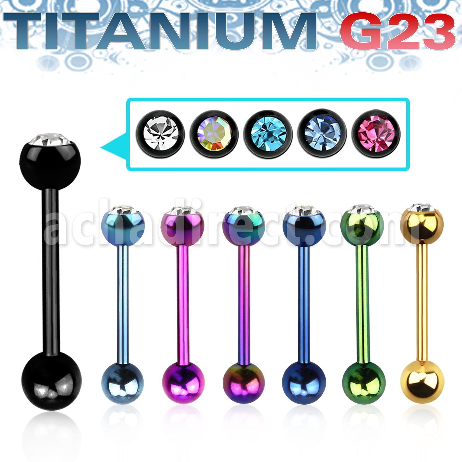 ubbtc titanium g23 tongue barbell w 6mm jewel steel ball