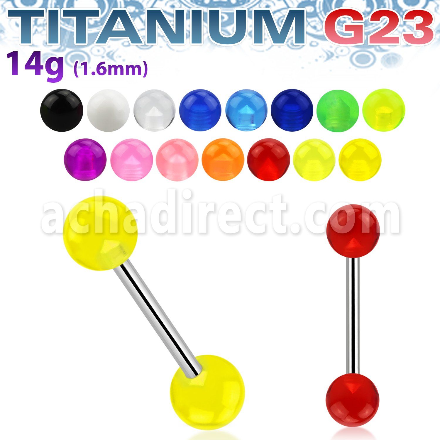 ubbuv titanium g23 tongue barbell with 6mm acrylic uv balls