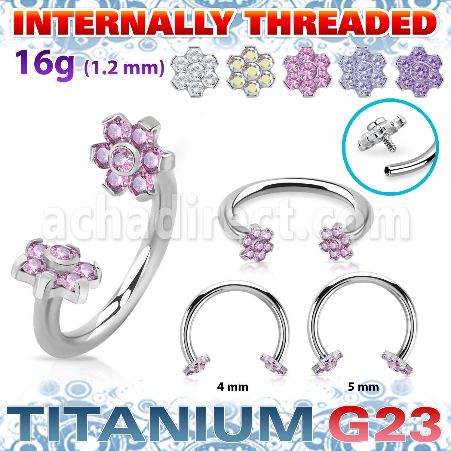 ucbin10 titanium circular barbell 16g flower top cz internal