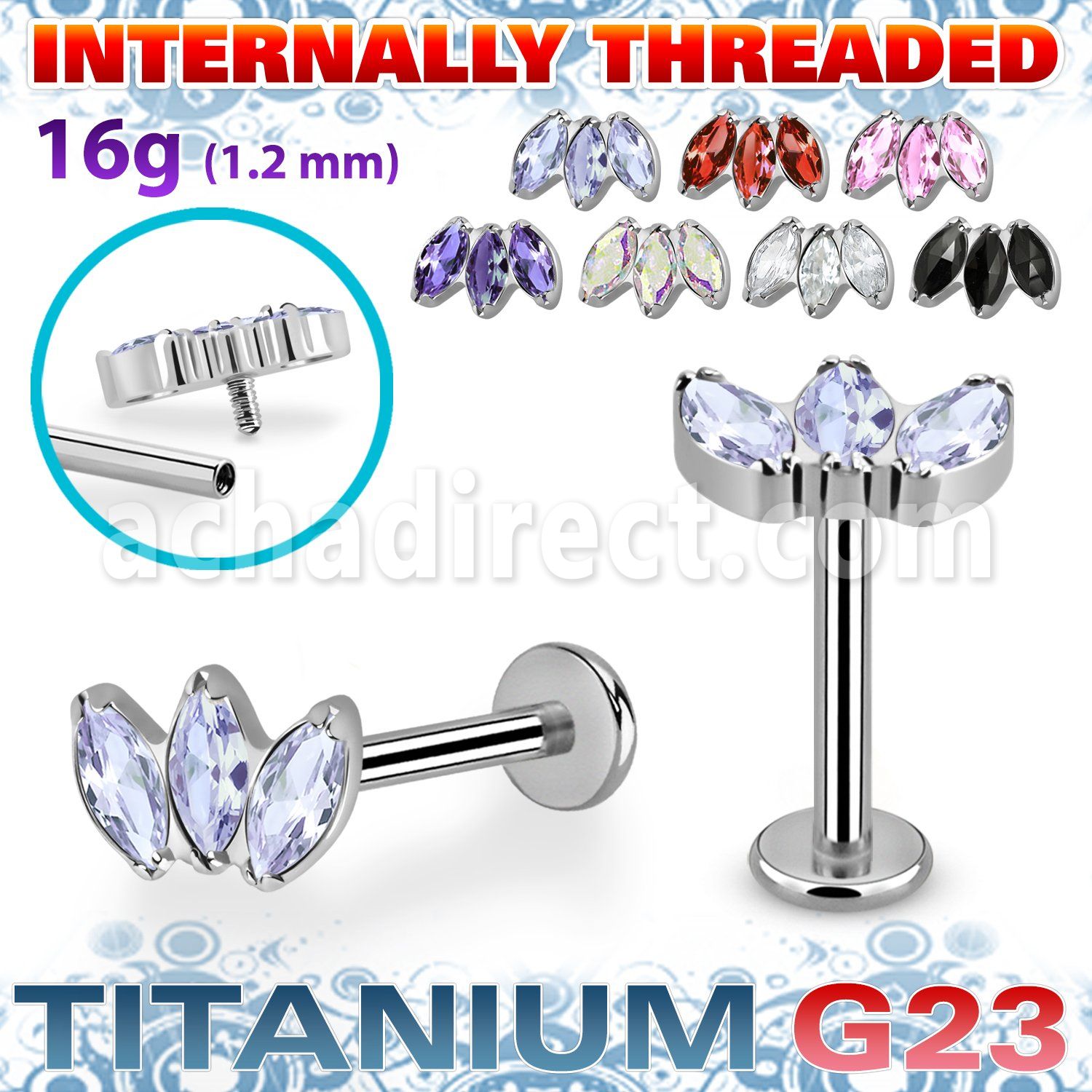 ulbin23 titanium g23 labret three prong marquise cz internal