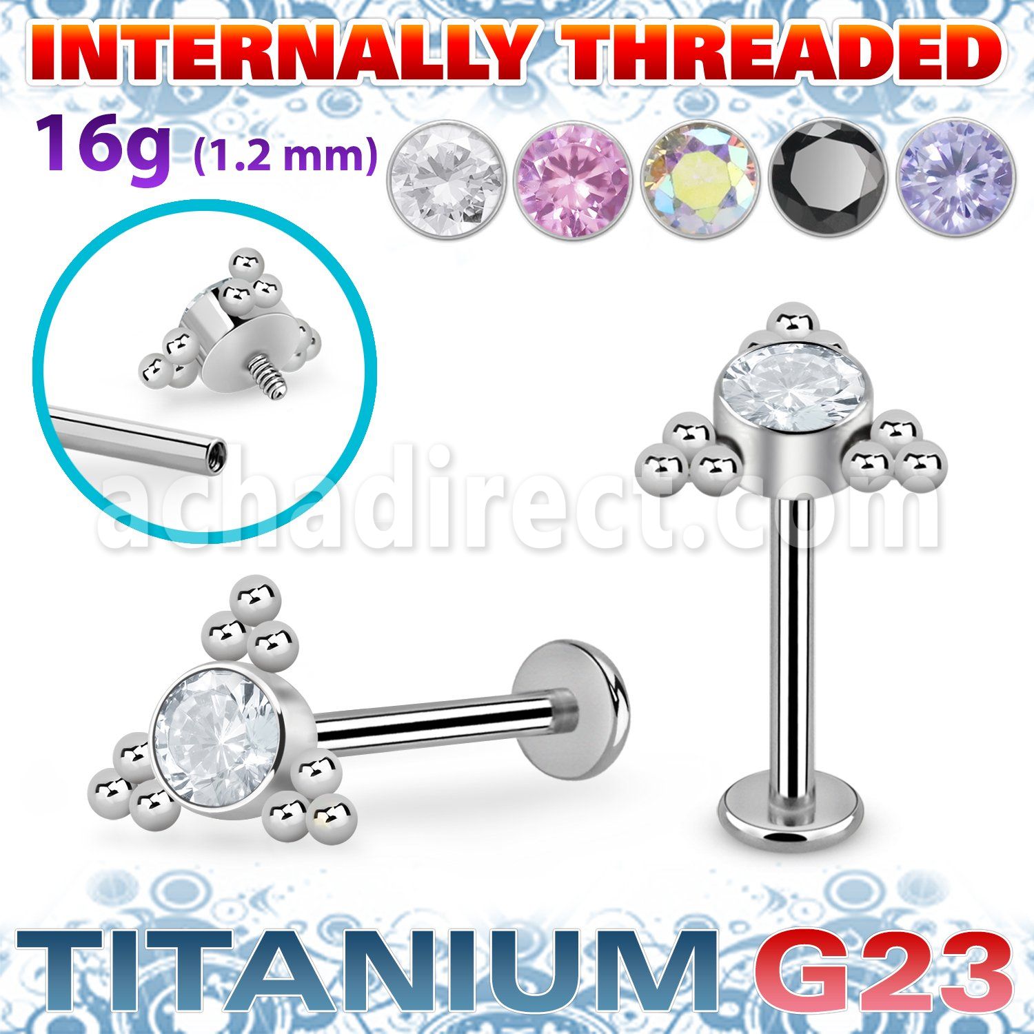 ulbin7 titanium g23 internally threaded labret round cz