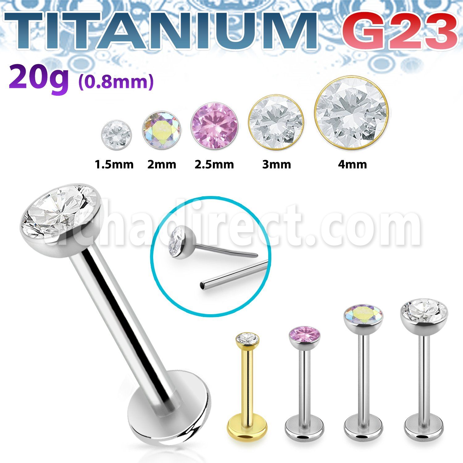 ulbpisz20 titanium g23 labret 20g threadless push pin top