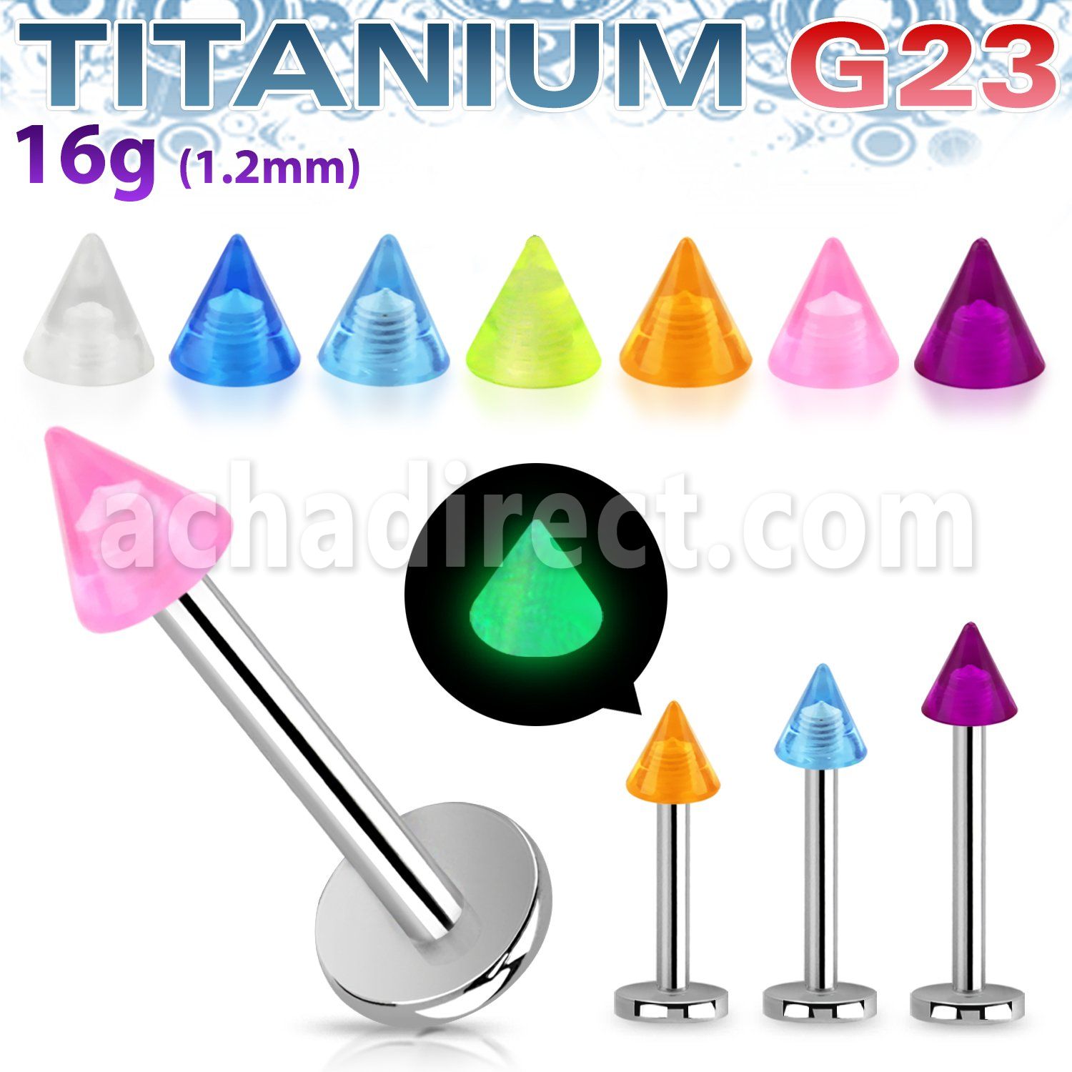 ulgln3 titanium g23 labret w glow in the dark acrylic cone