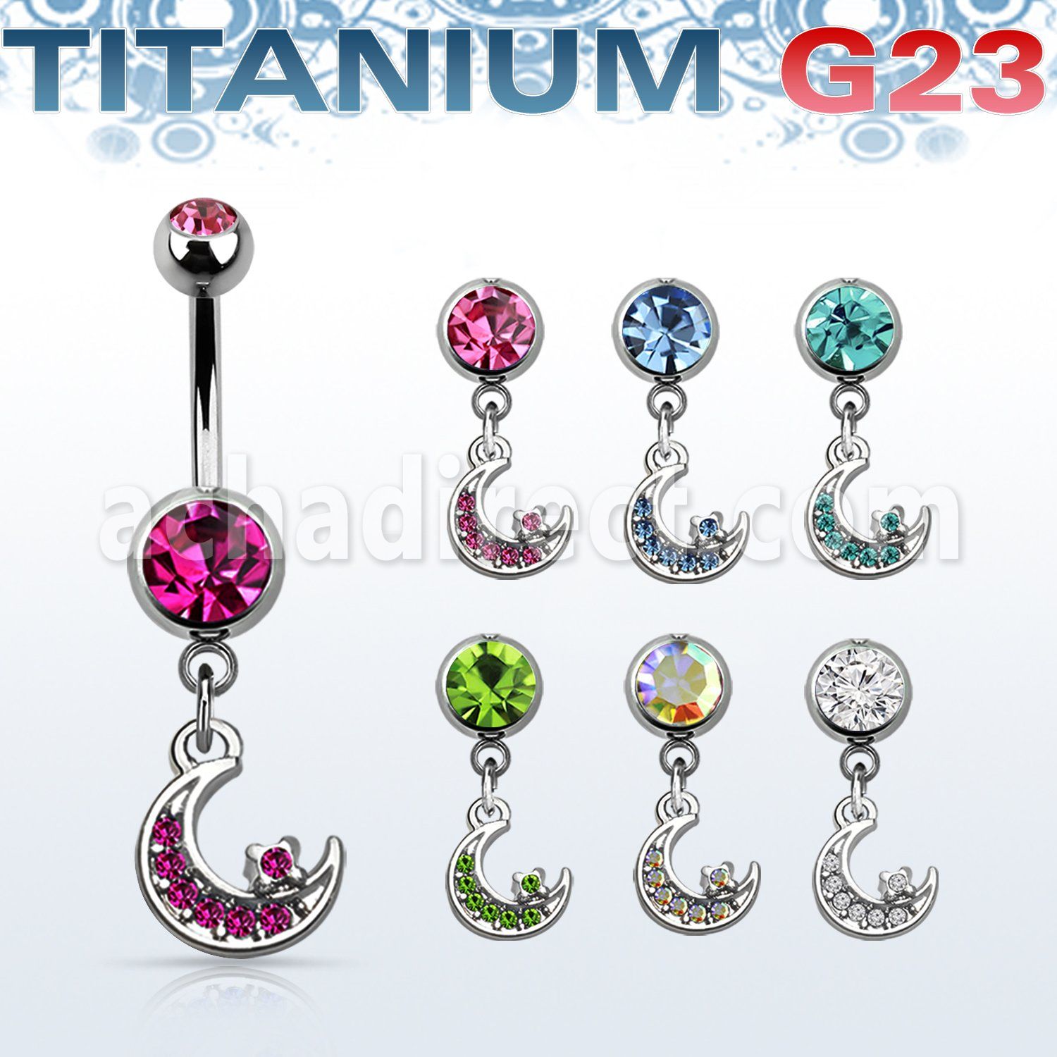 umcd734 titanium g23 belly banana, w a dangling moon w crystals
