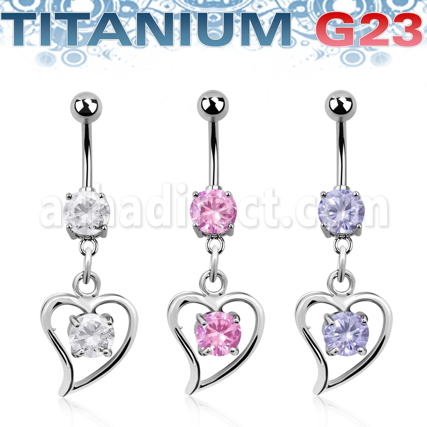 umcdz17 titanium g23 belly banana w 5 8mm bezel jewel heart