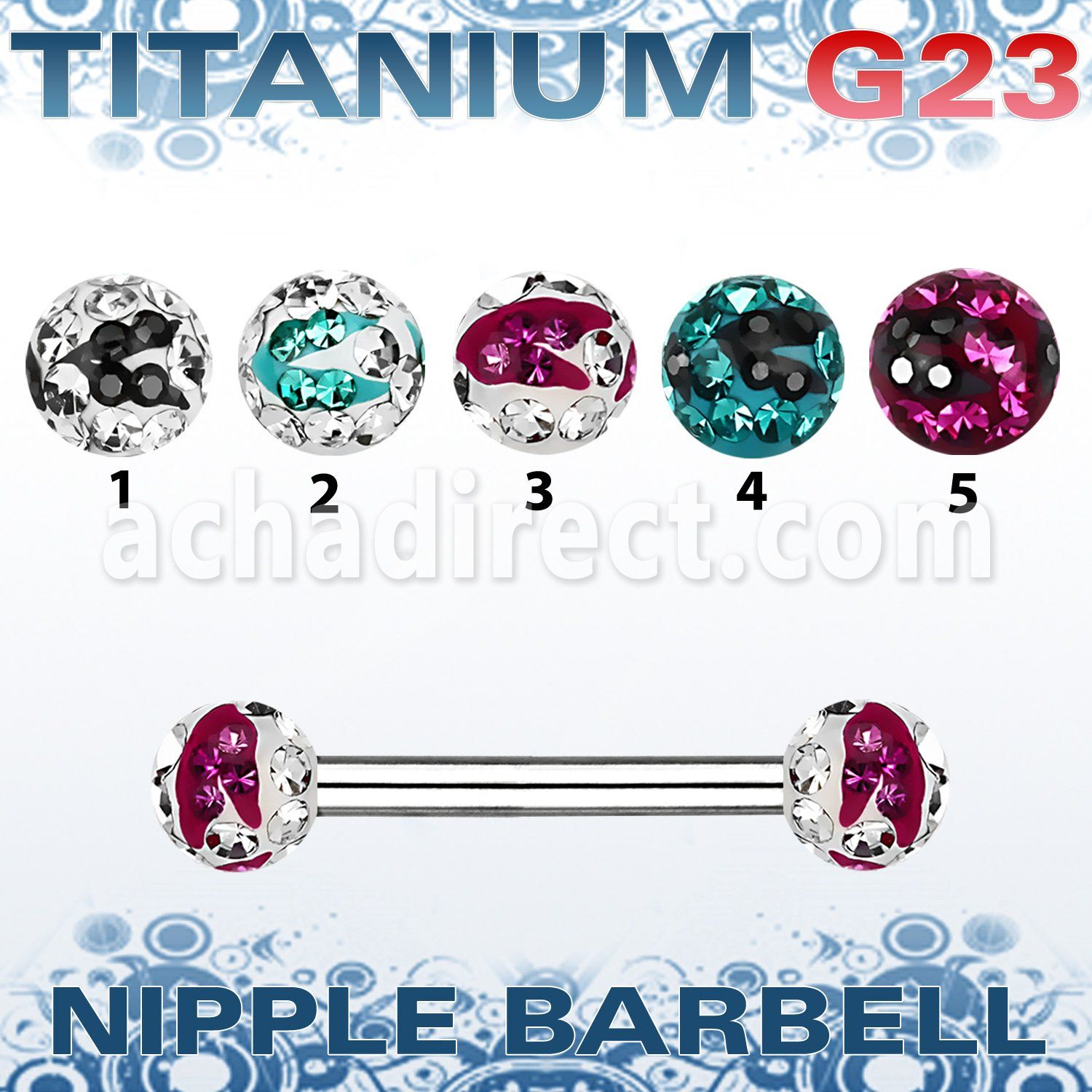 unpfr5c titanium nipple bar w 5mm multicrystal zebra balls