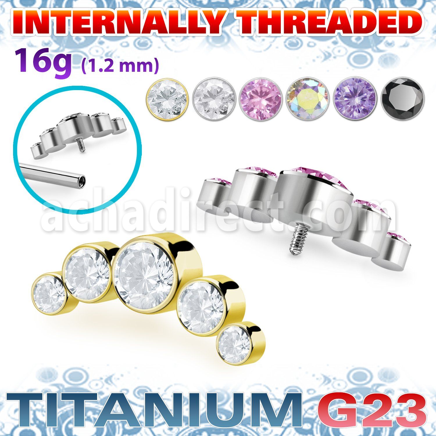 ushz3in titanium g23 top part post five round color cz