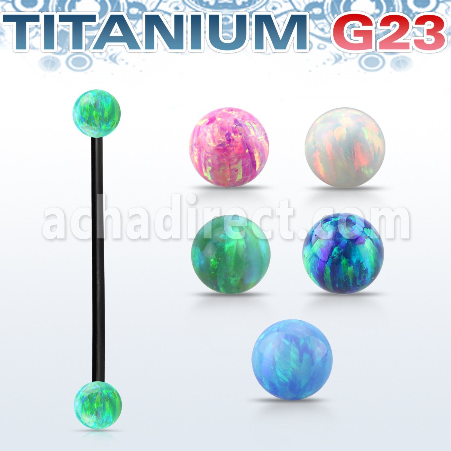 utinop5 anodized titanium g23 industrial barbell w 5mm opal ball