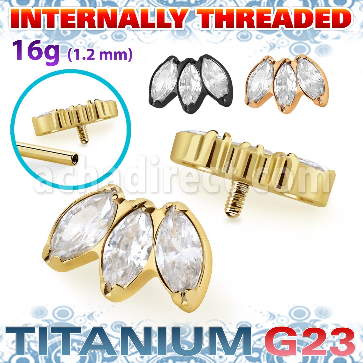utshz23in pvd plated titanium top three marquise prong cz