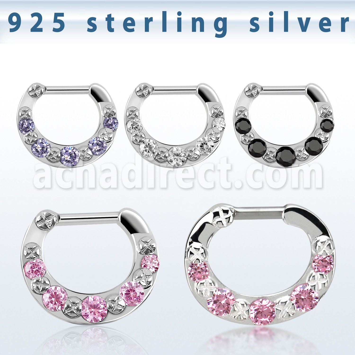 vsepg14 925 silver septum clicker 1.2mm w 5 cz stones
