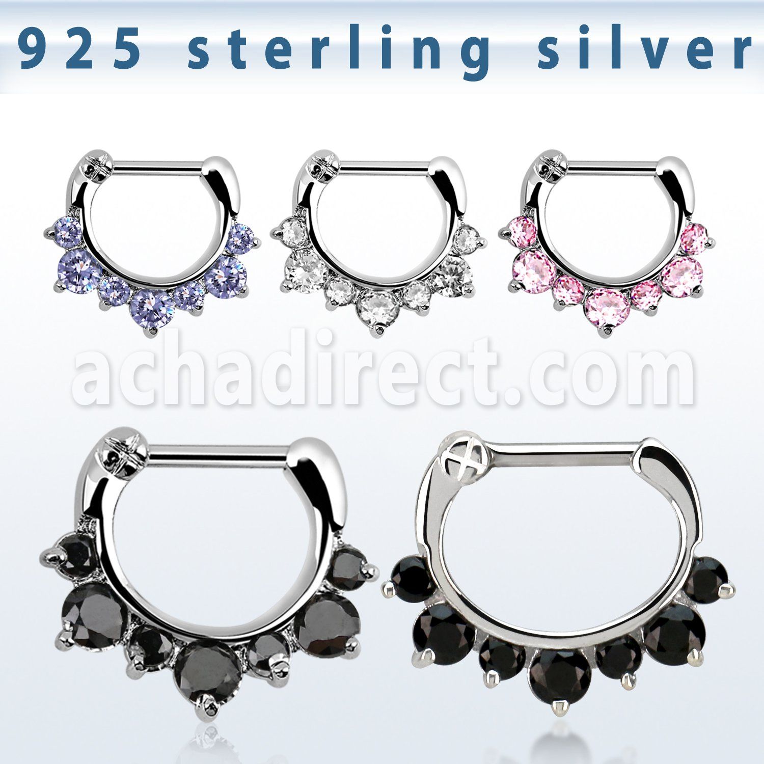 vseph16 925 silver septum clicker 1.6mm w 3 big 4 small czs