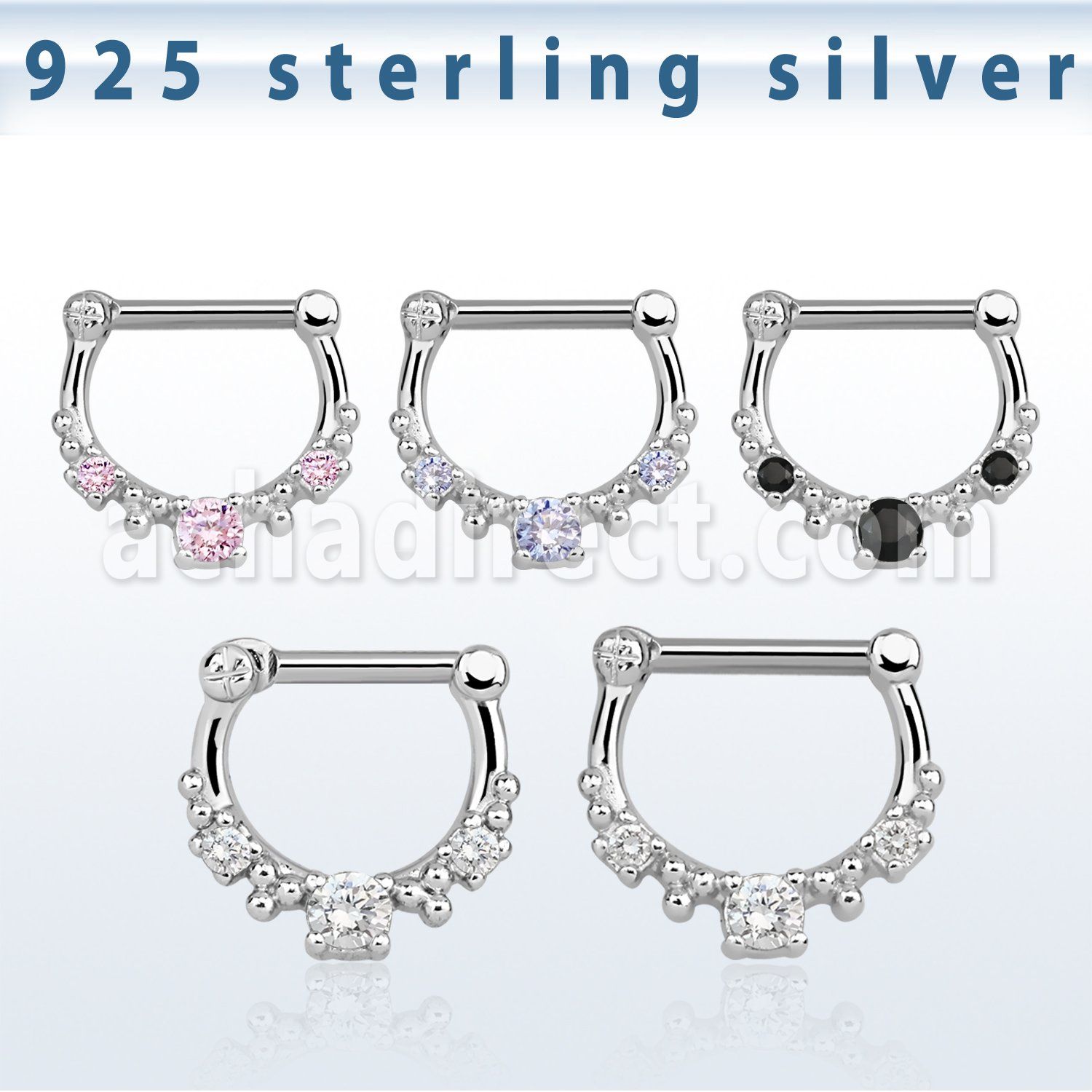 vsepl14 high hanging 925 silver septum clicker 1.2mm w 5cz stone