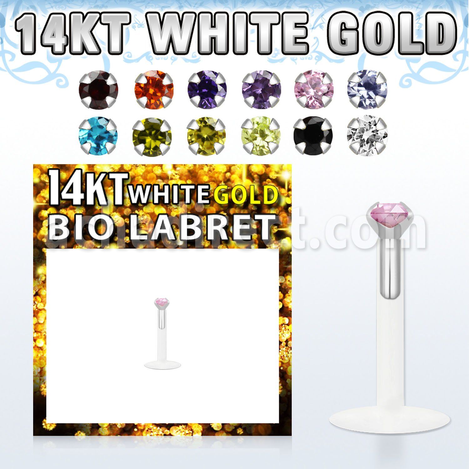 wgbizm bioflex labret w push in 14kt white gold w prong cz