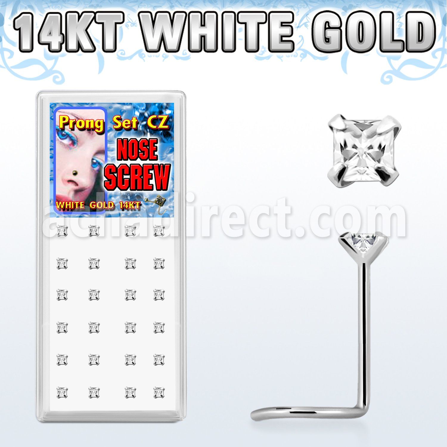 wgszqc box of 14kt white gold nose screws with square clear cz