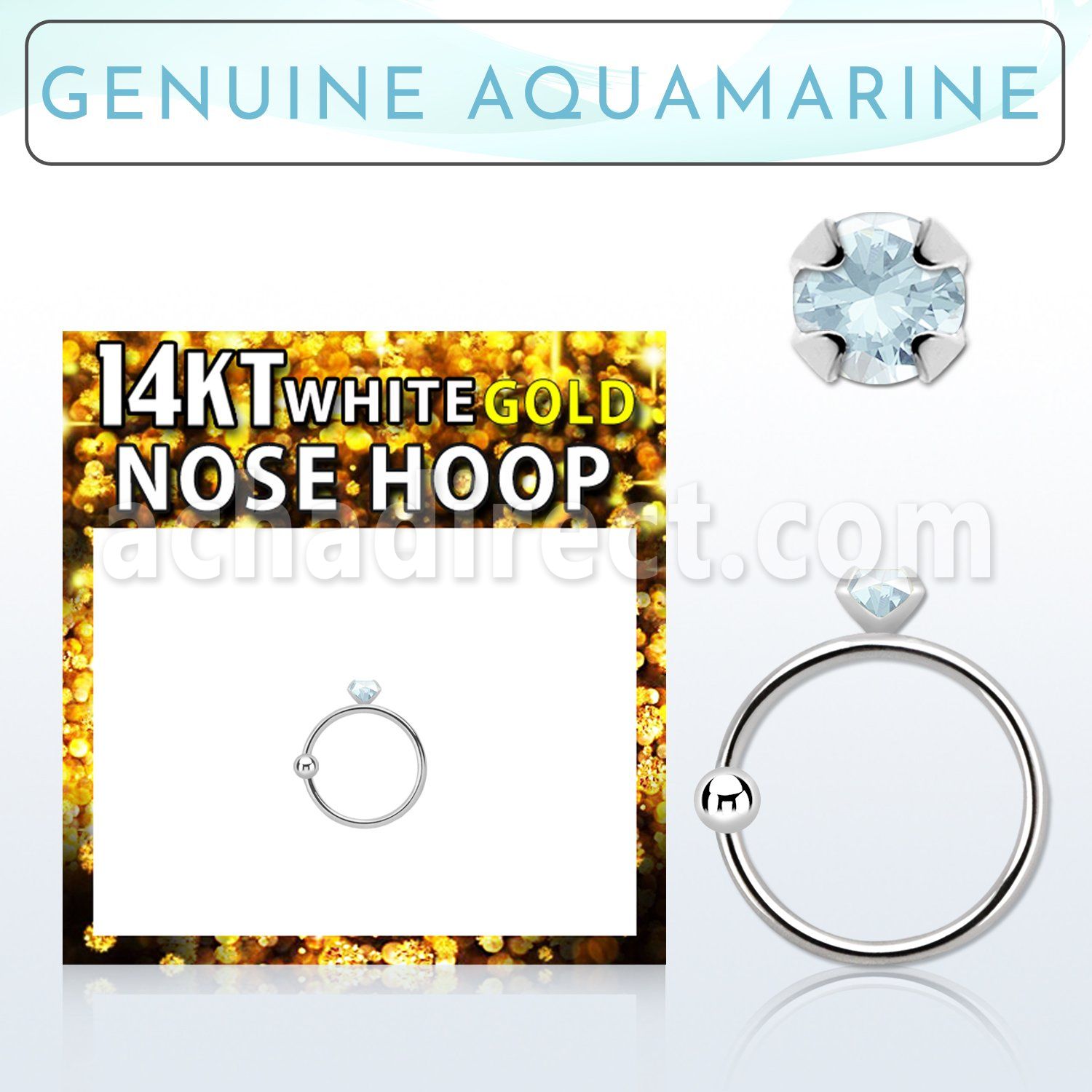 whge8 14kt white gold nose hoop w 2mm prong set aquamarine