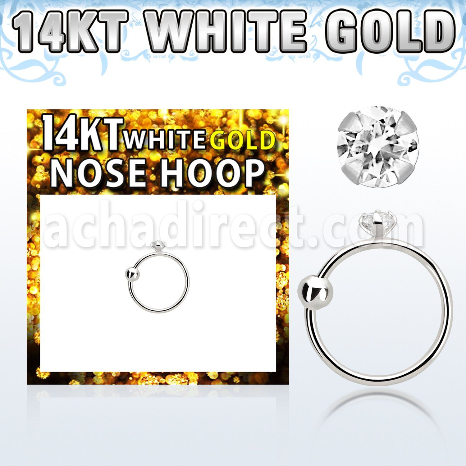 whz15 14kt white gold nose hoop w 1.5mm round clear cz stone