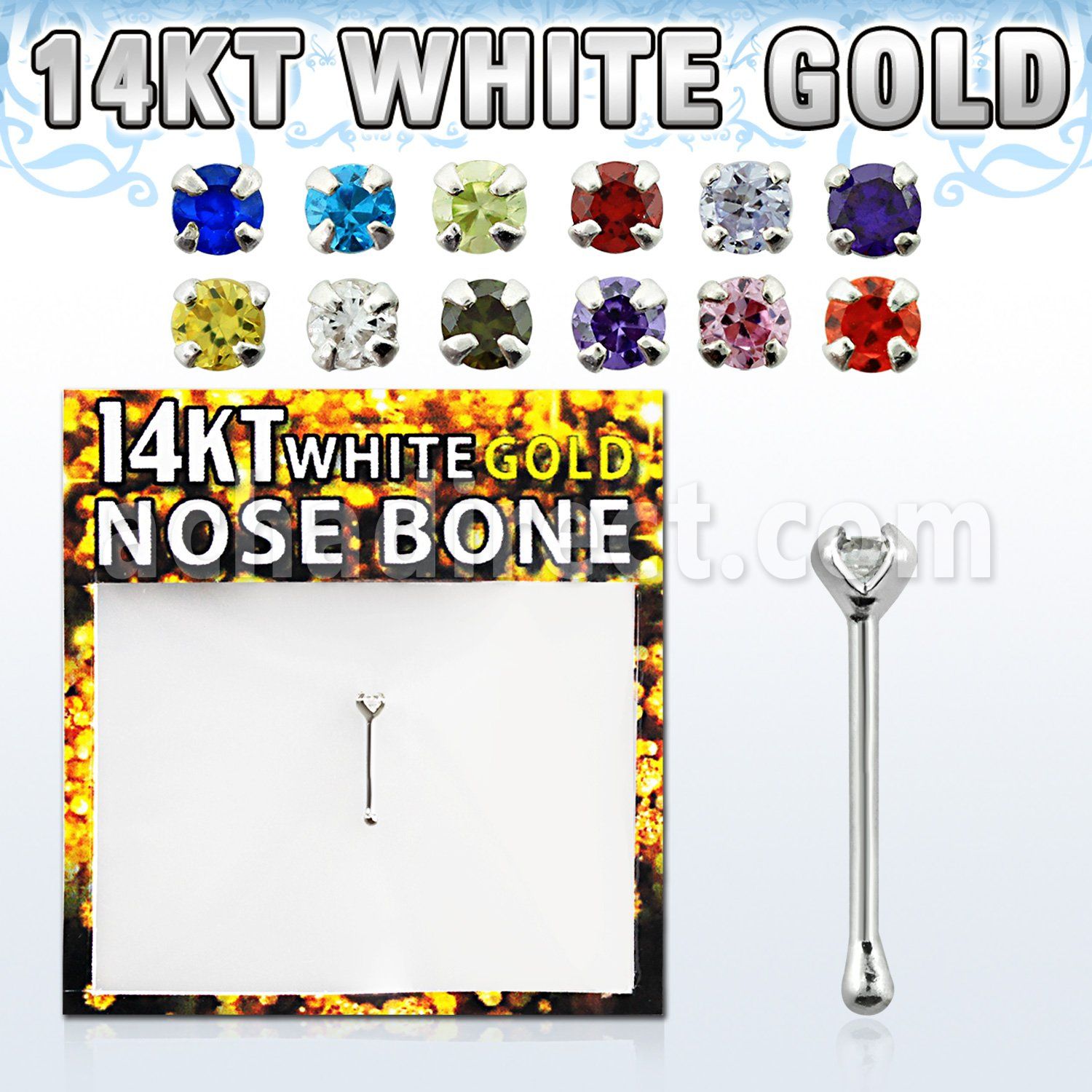 wnbzm1 14kt white gold nose bone w prong set cz in colors